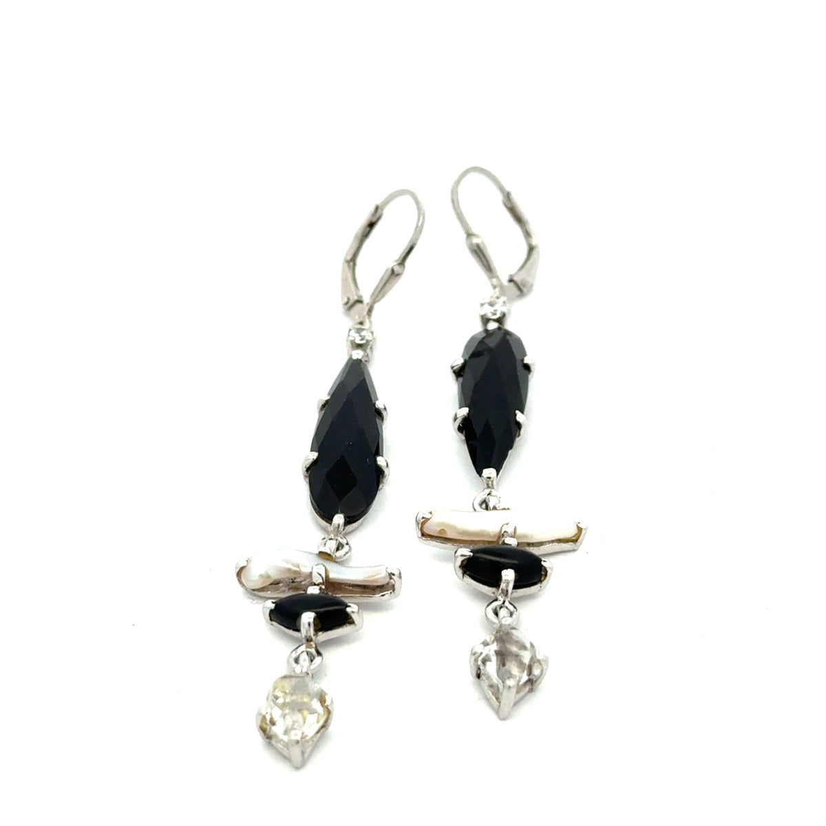 Sterling Silver Dangle Earrings with Spinel, Stick Pearl, Onyx and Herkimer Diamond