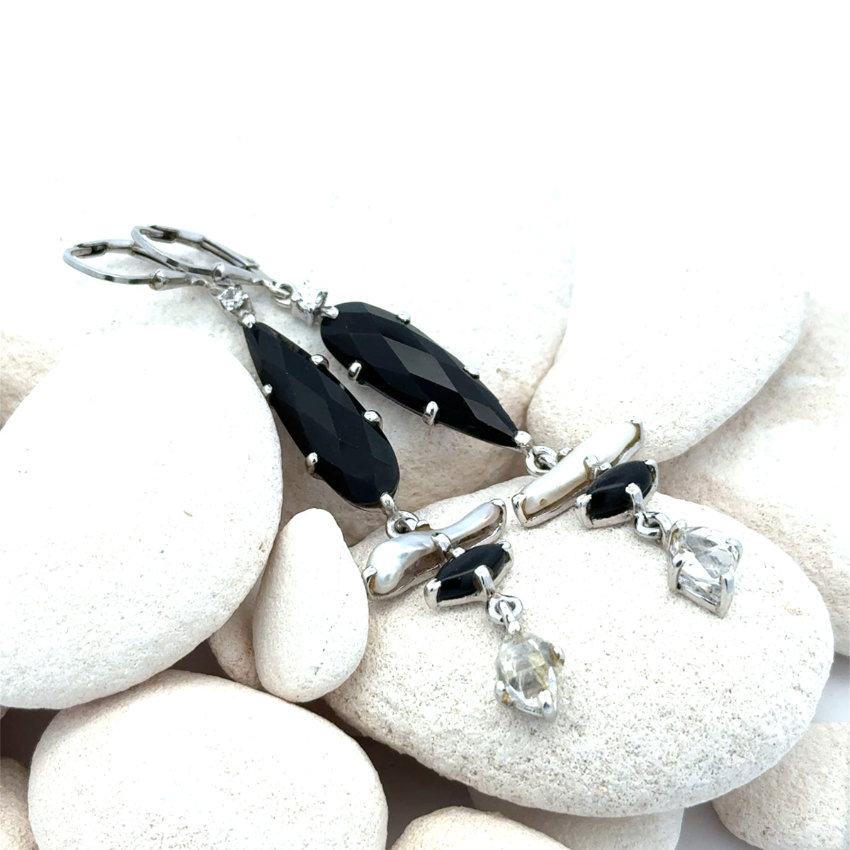 Sterling Silver Dangle Earrings with Spinel, Stick Pearl, Onyx and Herkimer Diamond