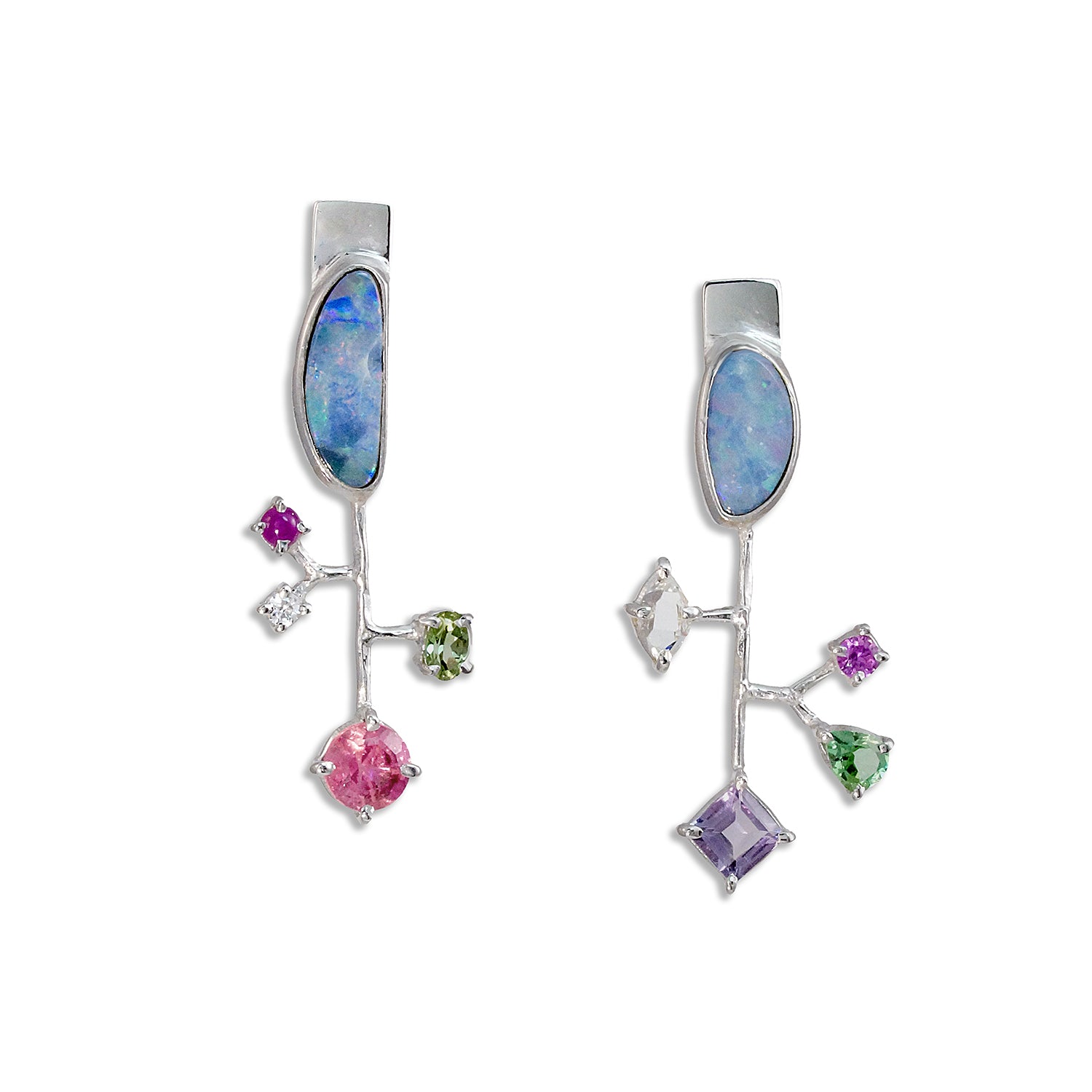 Silver Asymmetrical Opal and Tourmaline Earrings