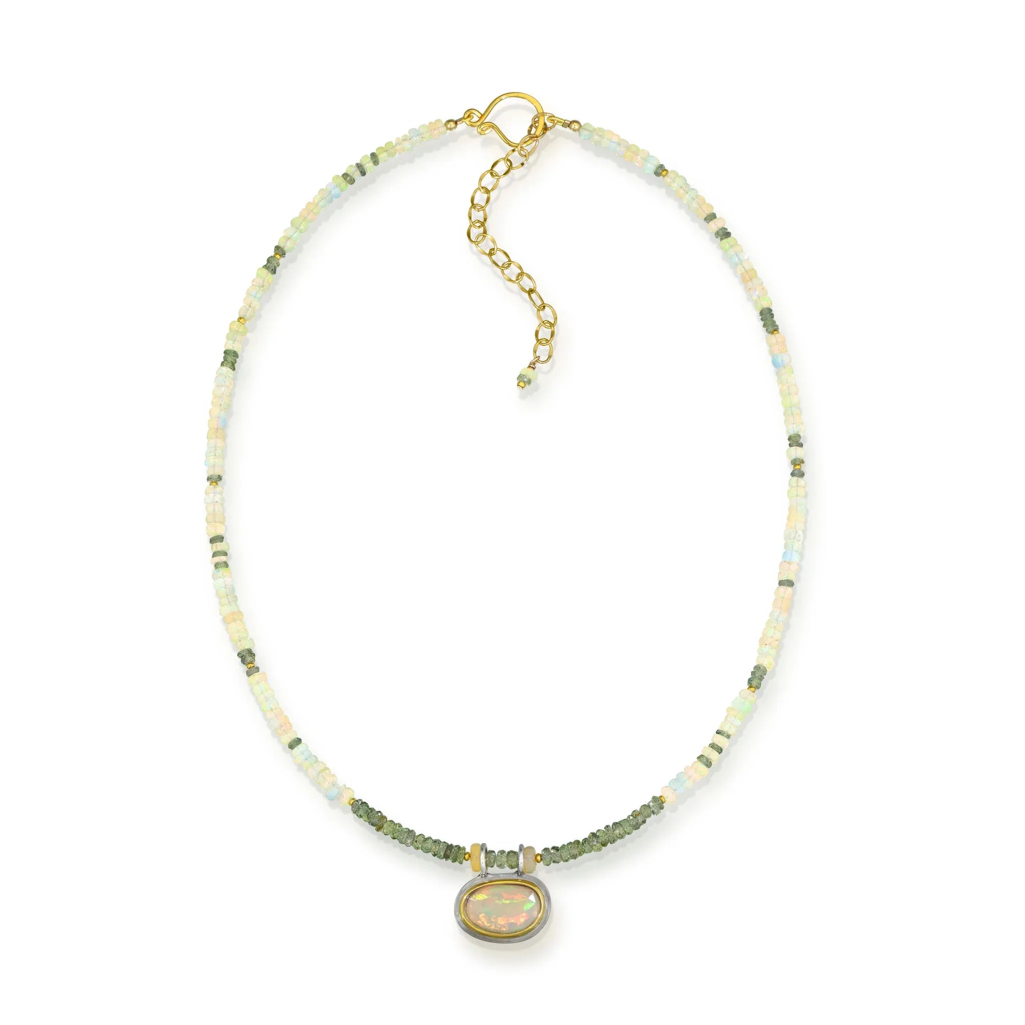 One of a Kind Gemstone Necklace of White Opal and Green Sapphire with Opal Pendant - Q Evon Fine Jewelry