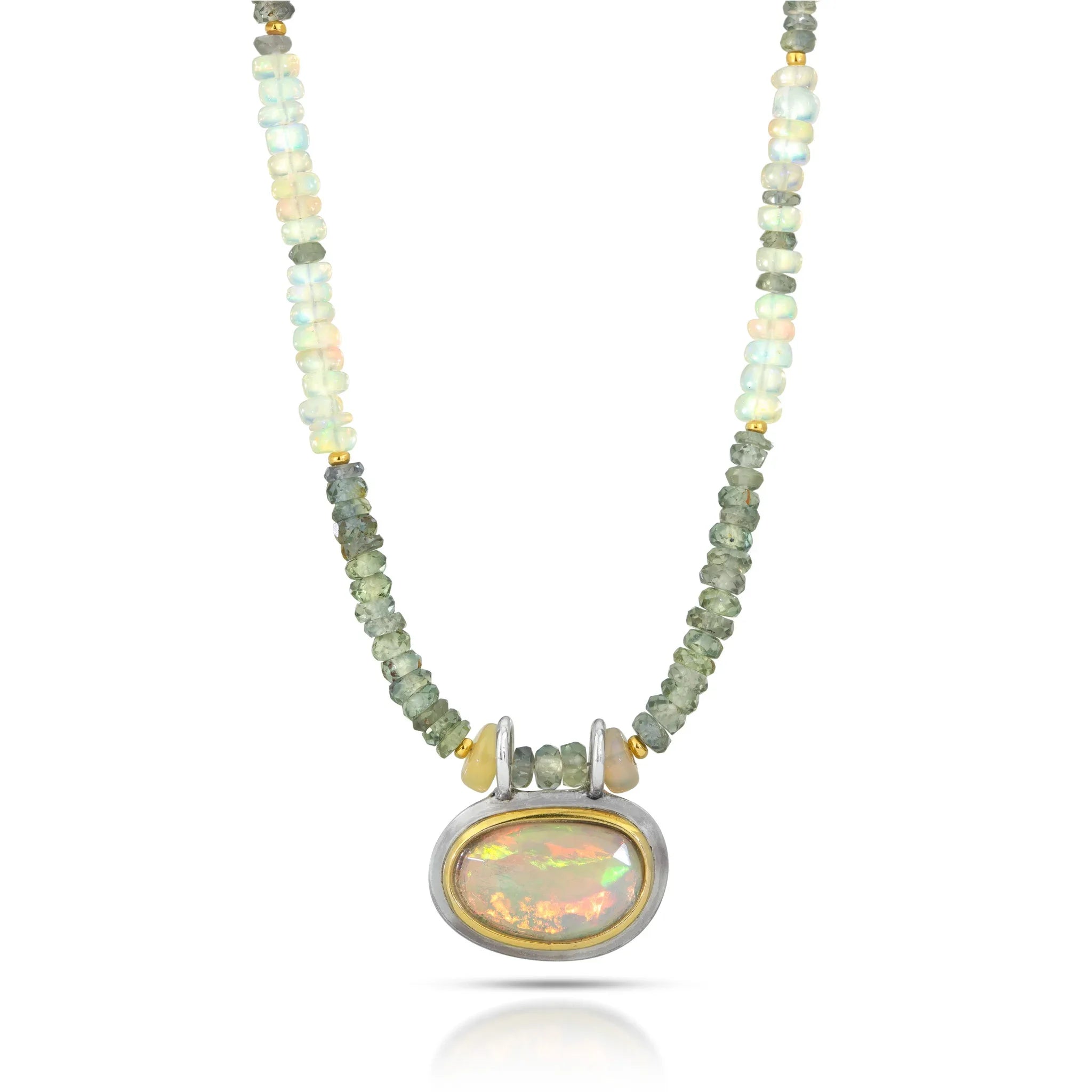 One of a Kind Gemstone Necklace of White Opal and Green Sapphire with Opal Pendant - Q Evon Fine Jewelry