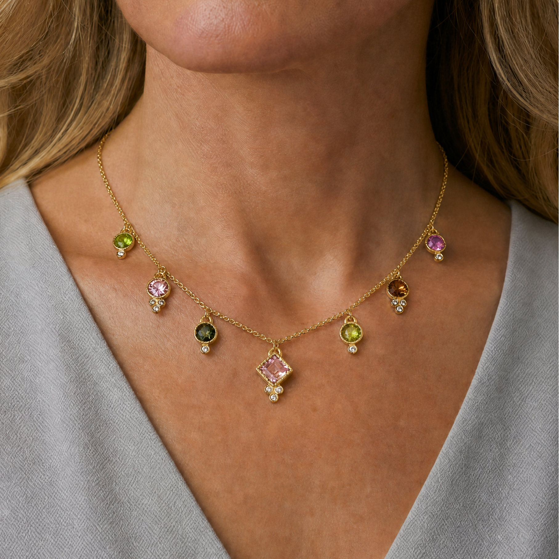 7 Tourmaline Necklace - Light Pink Square Center