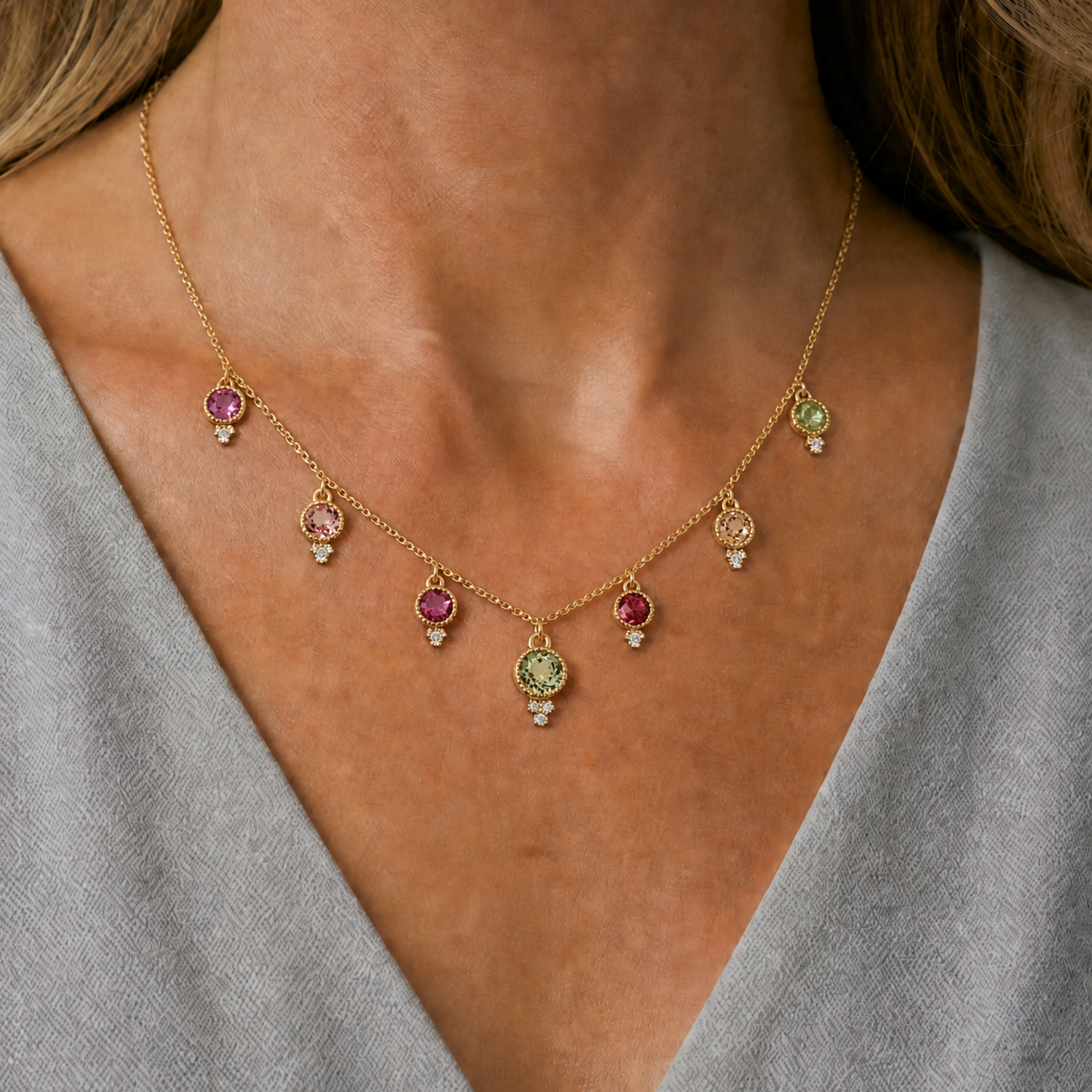 7 Tourmaline Necklace - Light Green Round Center