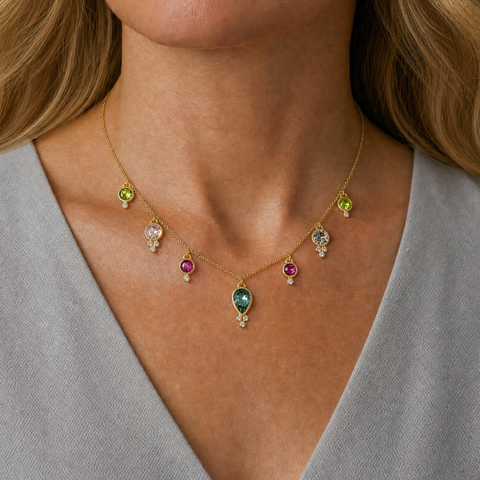 7 Tourmaline Necklace - Blue Green Pear Center