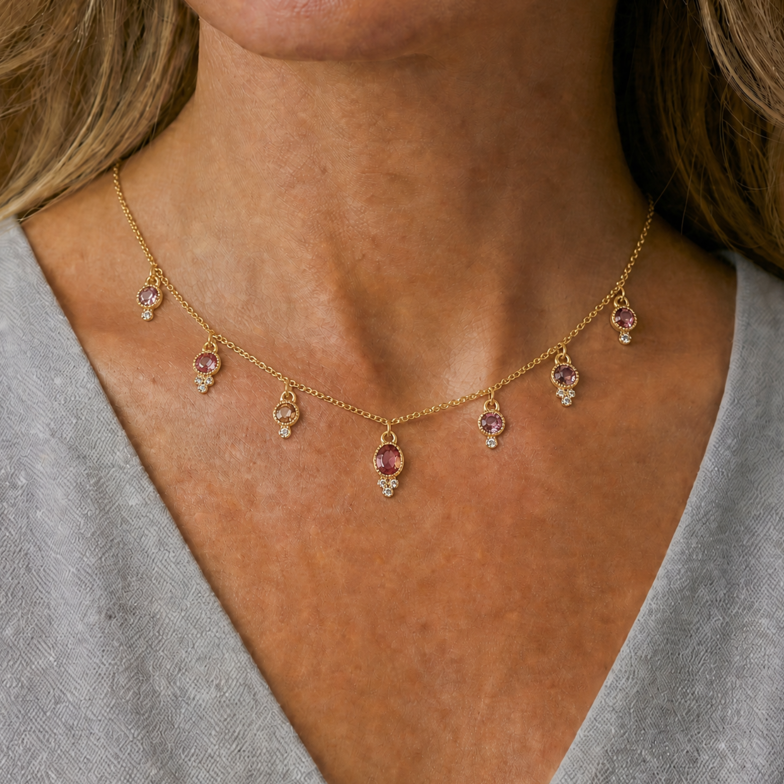 7 Tourmaline Necklace - Pink Oval Center