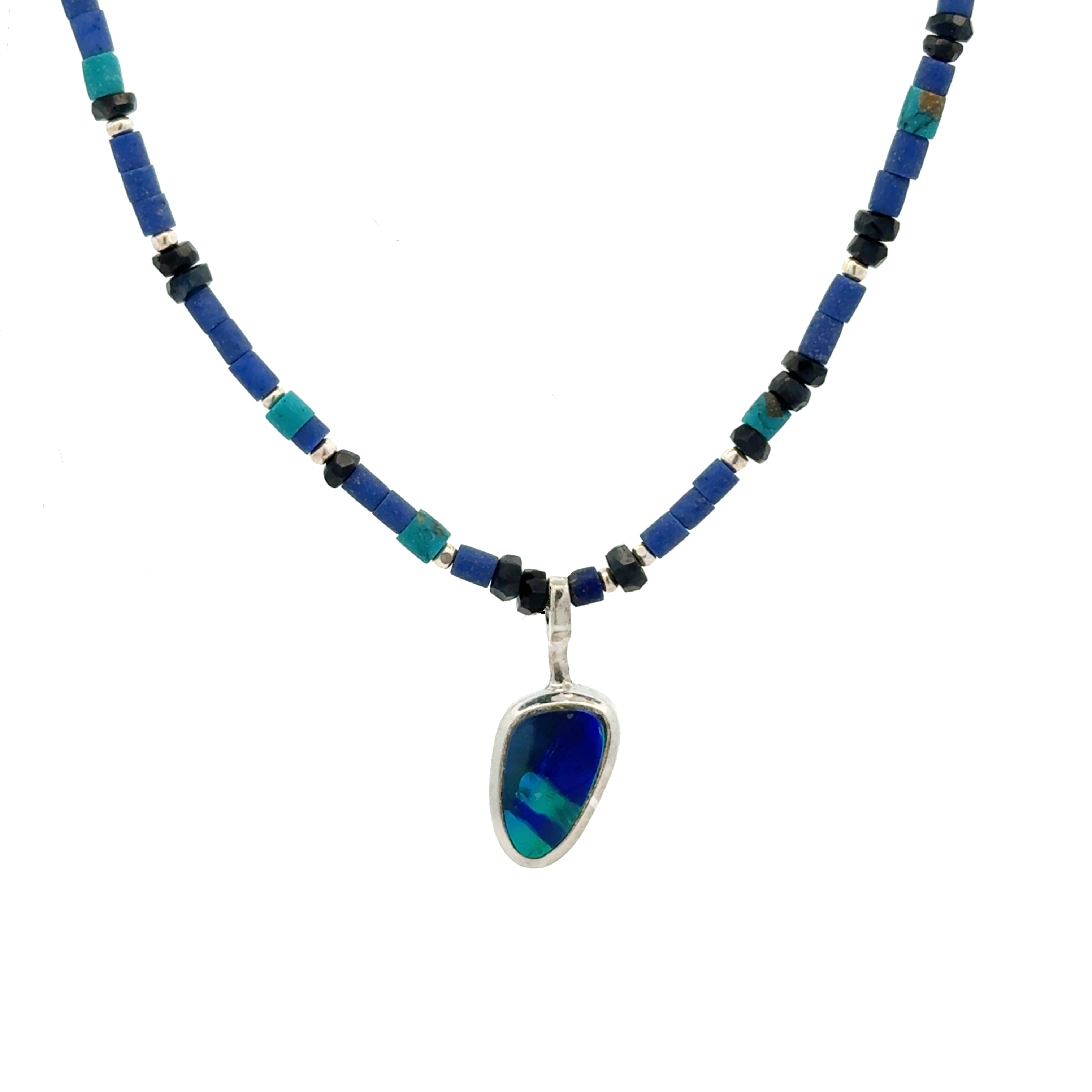 Lapis, Turquoise and Sapphire Necklace with Opal Pendant