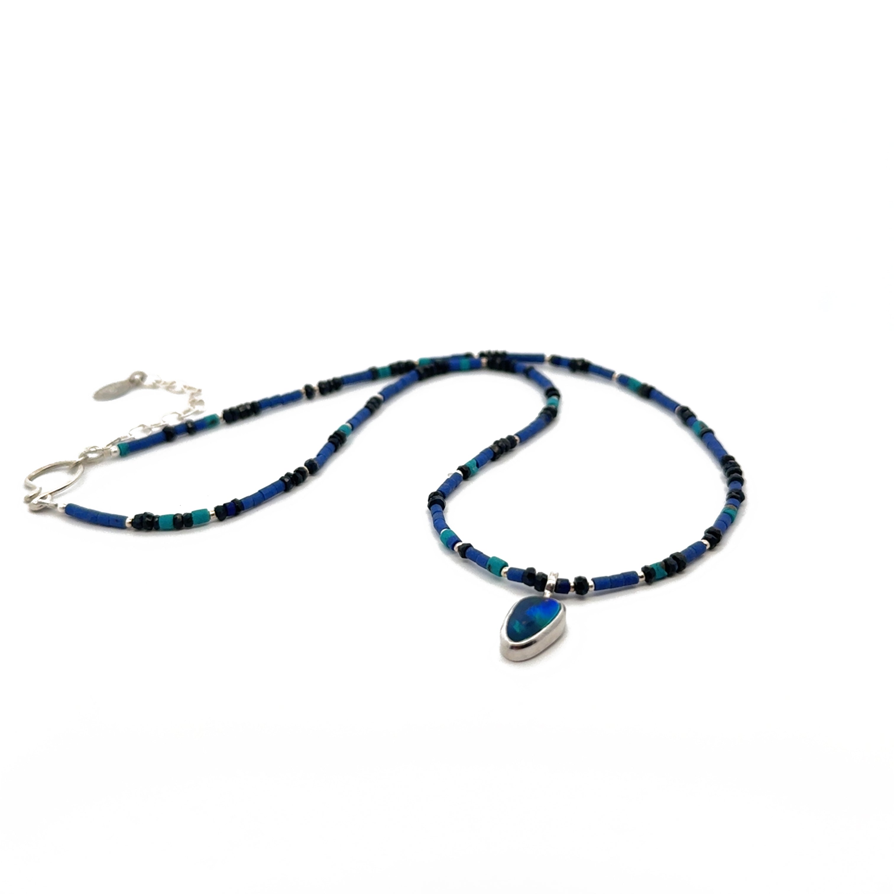 Lapis, Turquoise and Sapphire Necklace with Opal Pendant