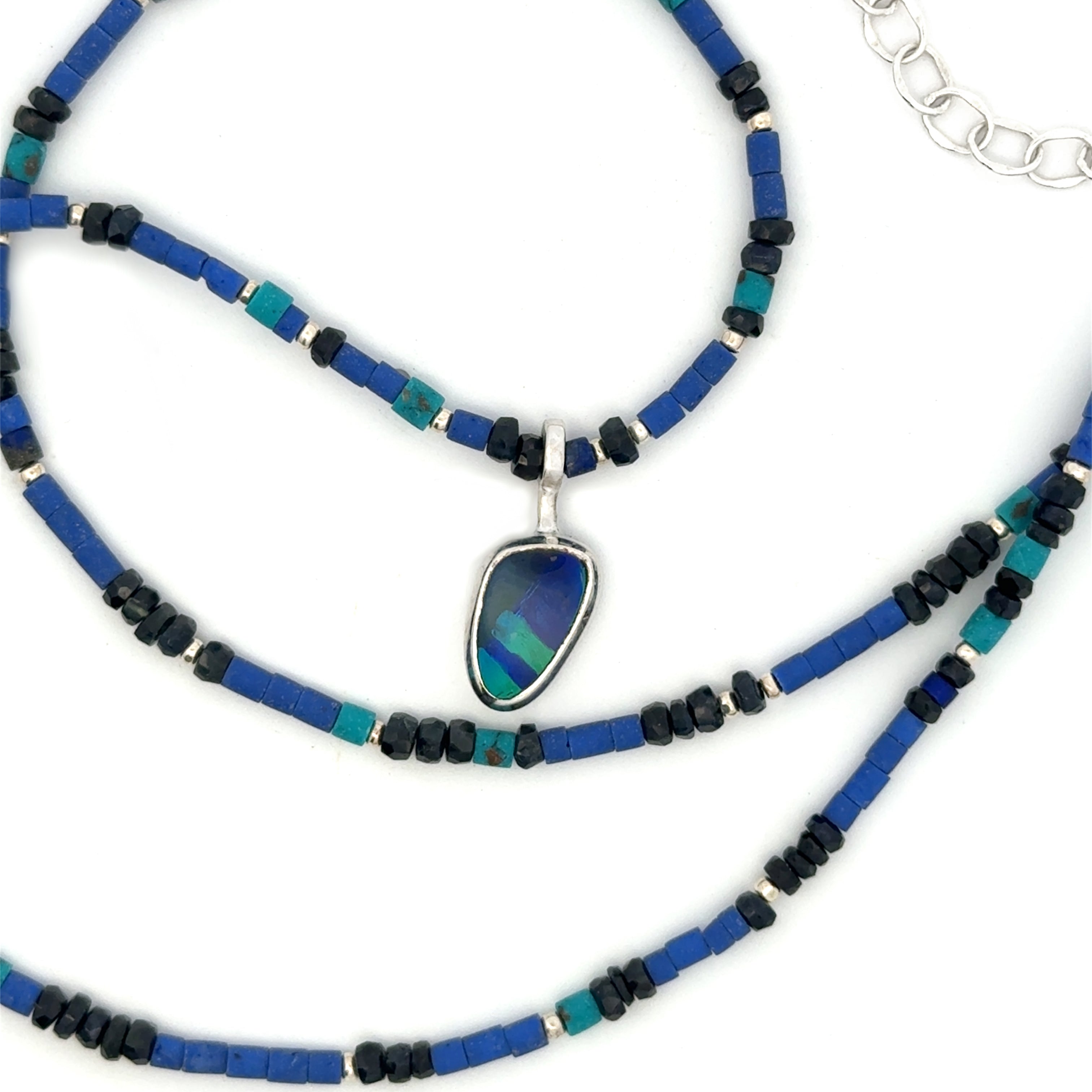 Lapis, Turquoise and Sapphire Necklace with Opal Pendant