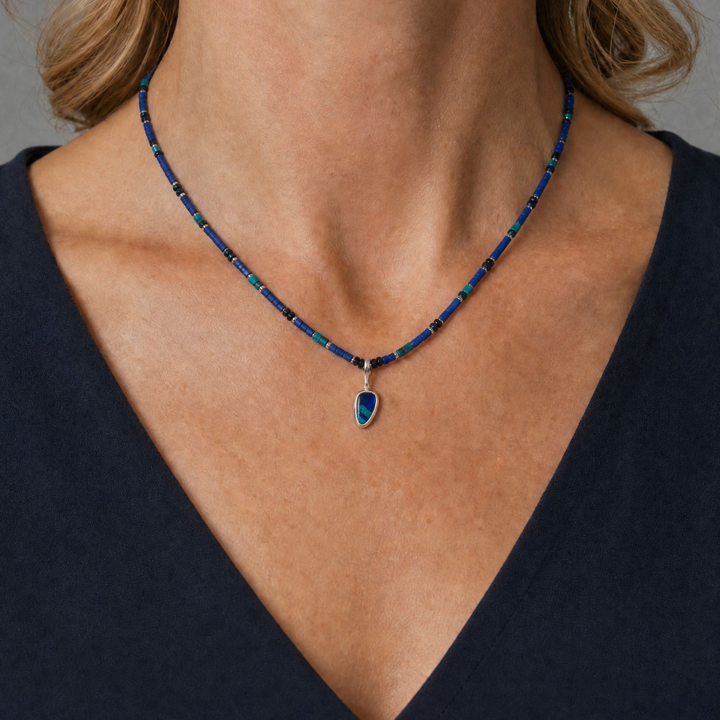 Lapis, Turquoise and Sapphire Necklace with Opal Pendant
