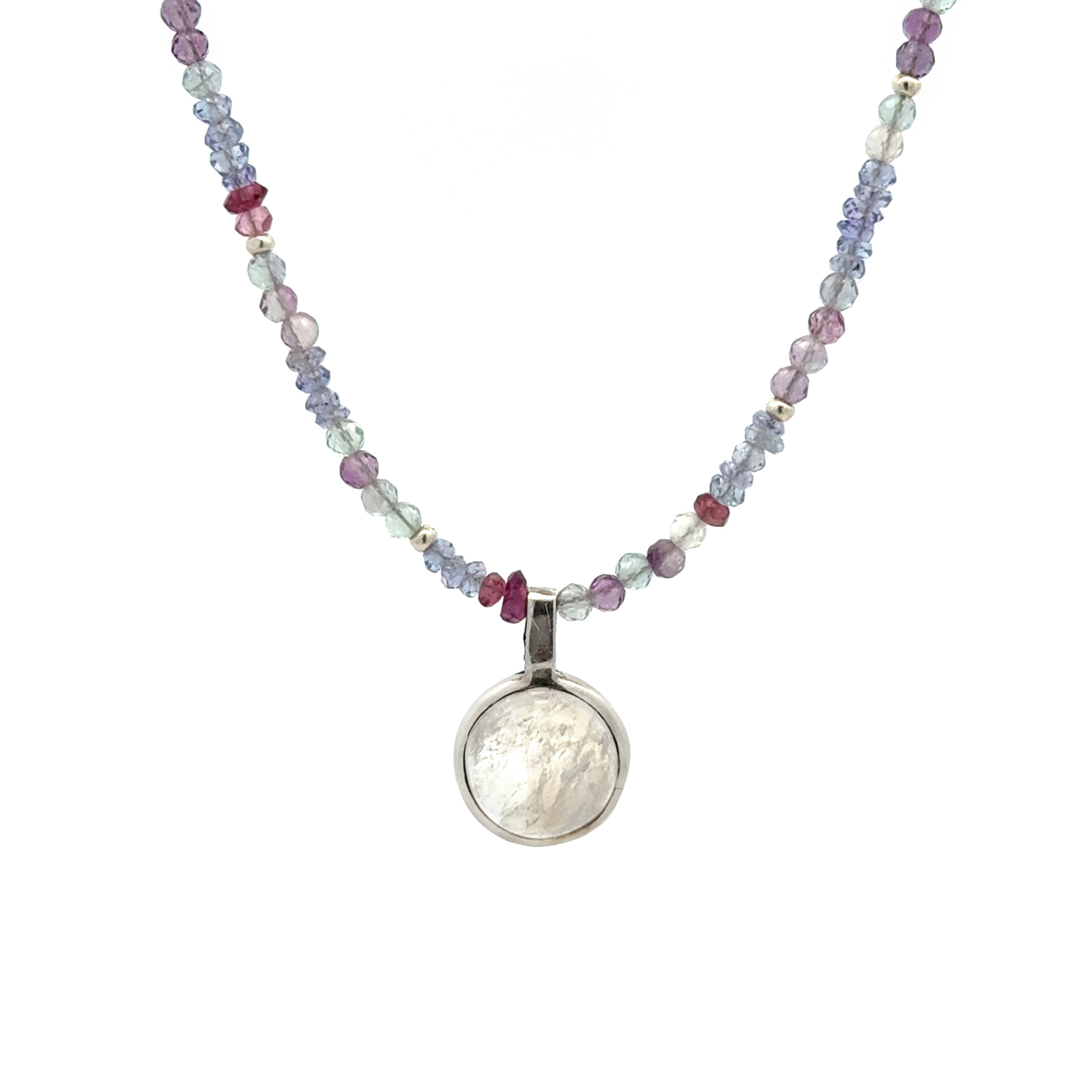 Tanzanite, Tourmaline, Fluorite, Silver Necklace with Moonstone Pendant