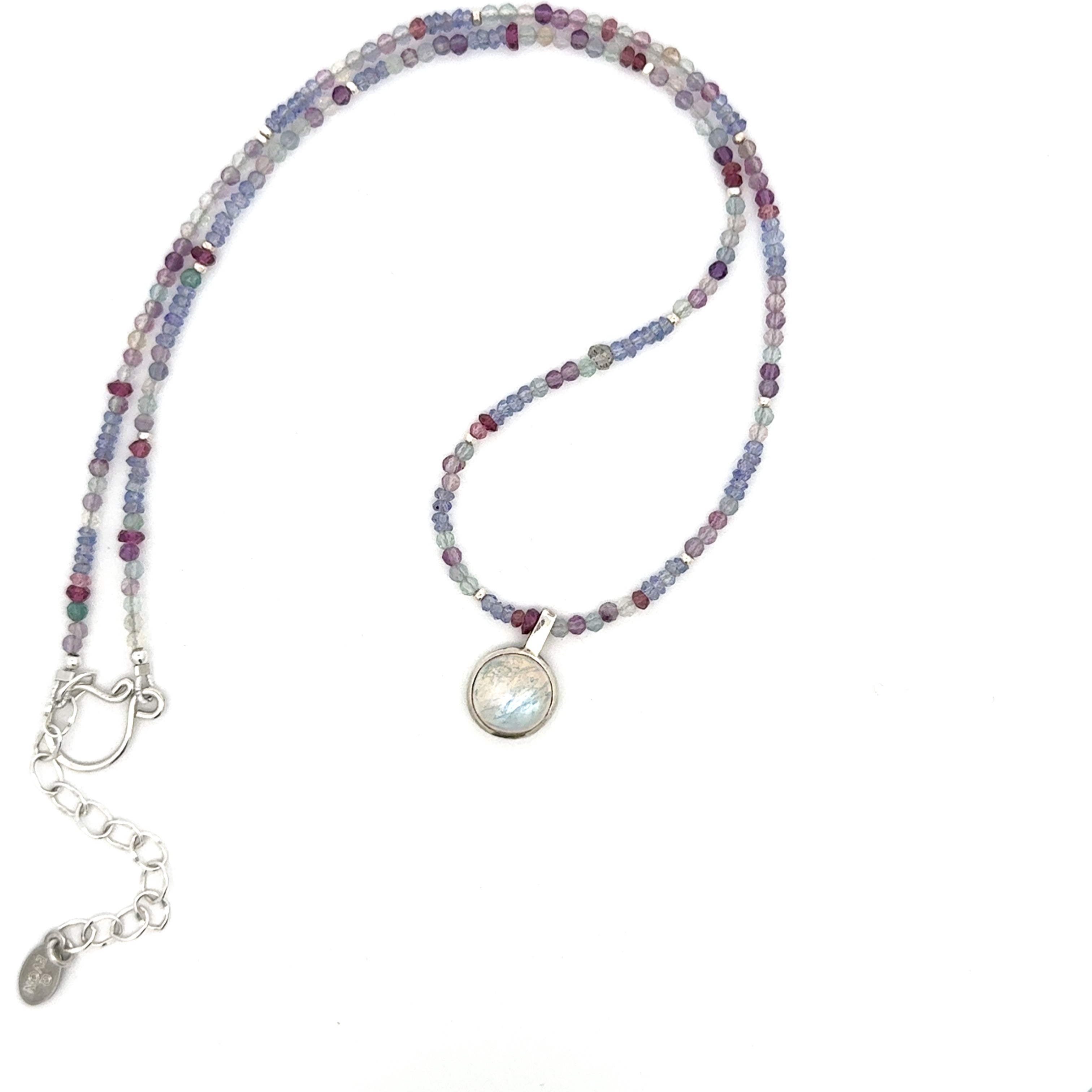 Tanzanite, Tourmaline, Fluorite, Silver Necklace with Moonstone Pendant