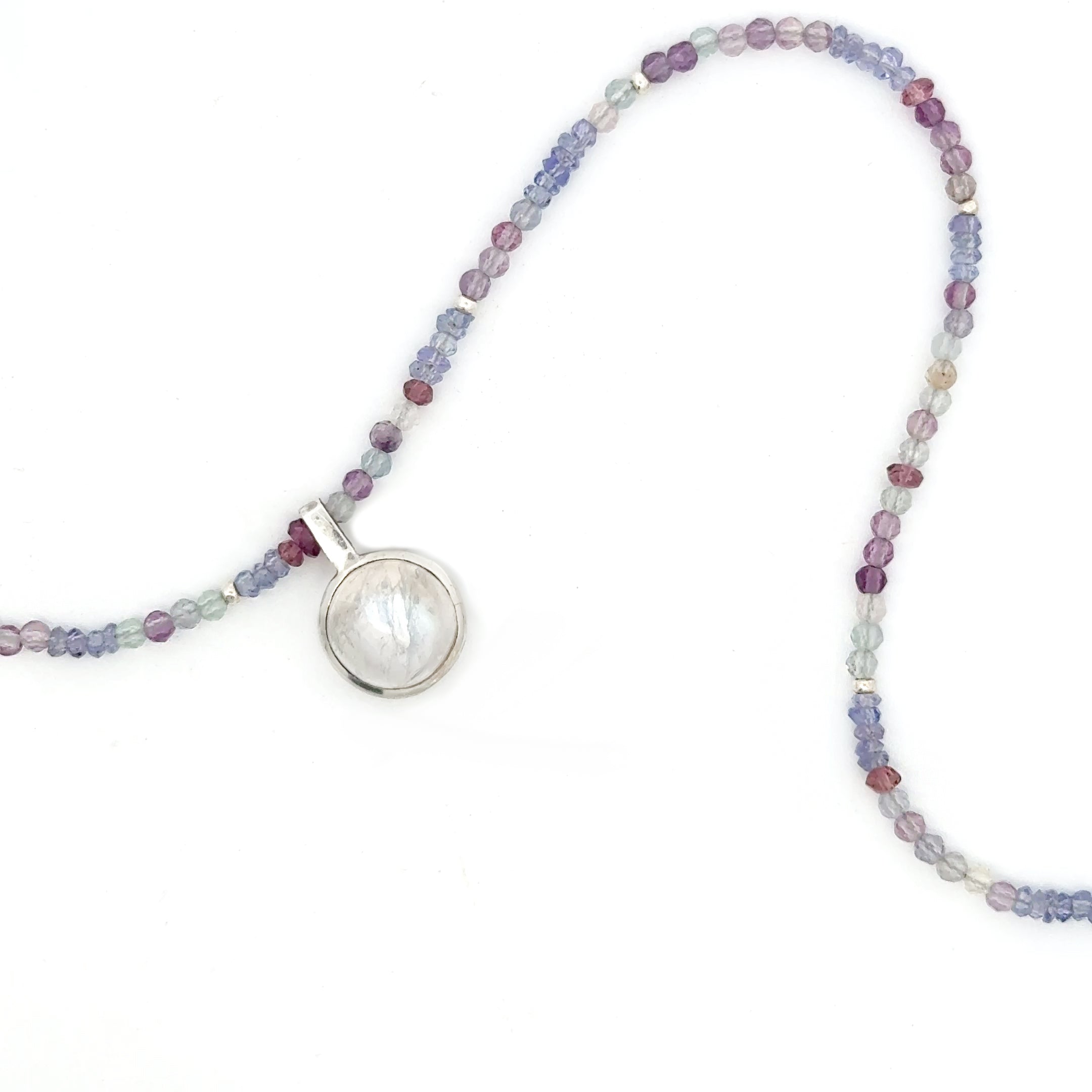 Tanzanite, Tourmaline, Fluorite, Silver Necklace with Moonstone Pendant