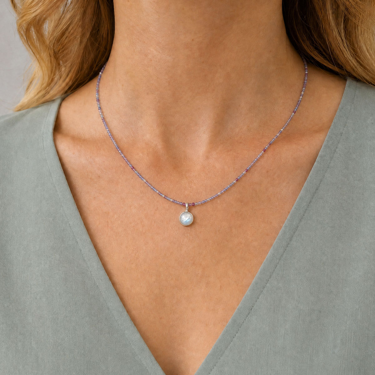 Tanzanite, Tourmaline, Fluorite, Silver Necklace with Moonstone Pendant