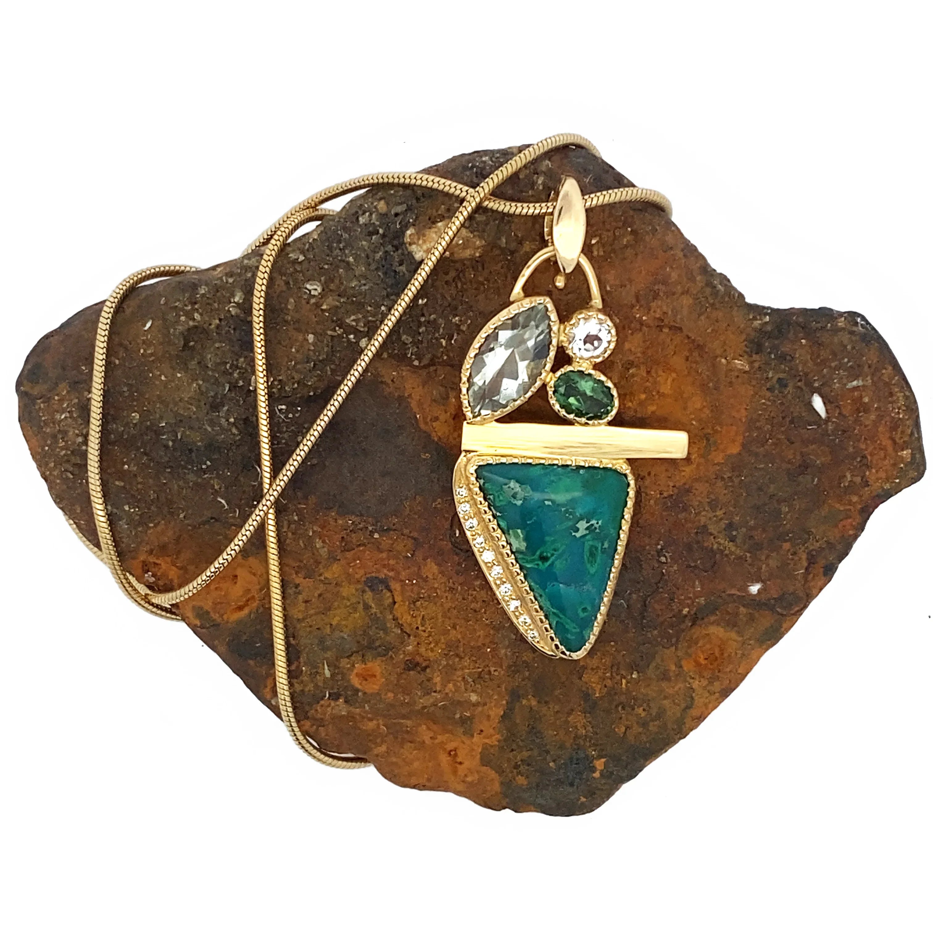 14k Gem Silica Pendant with Diamonds and Green Amethyst - Q Evon Fine Jewelry