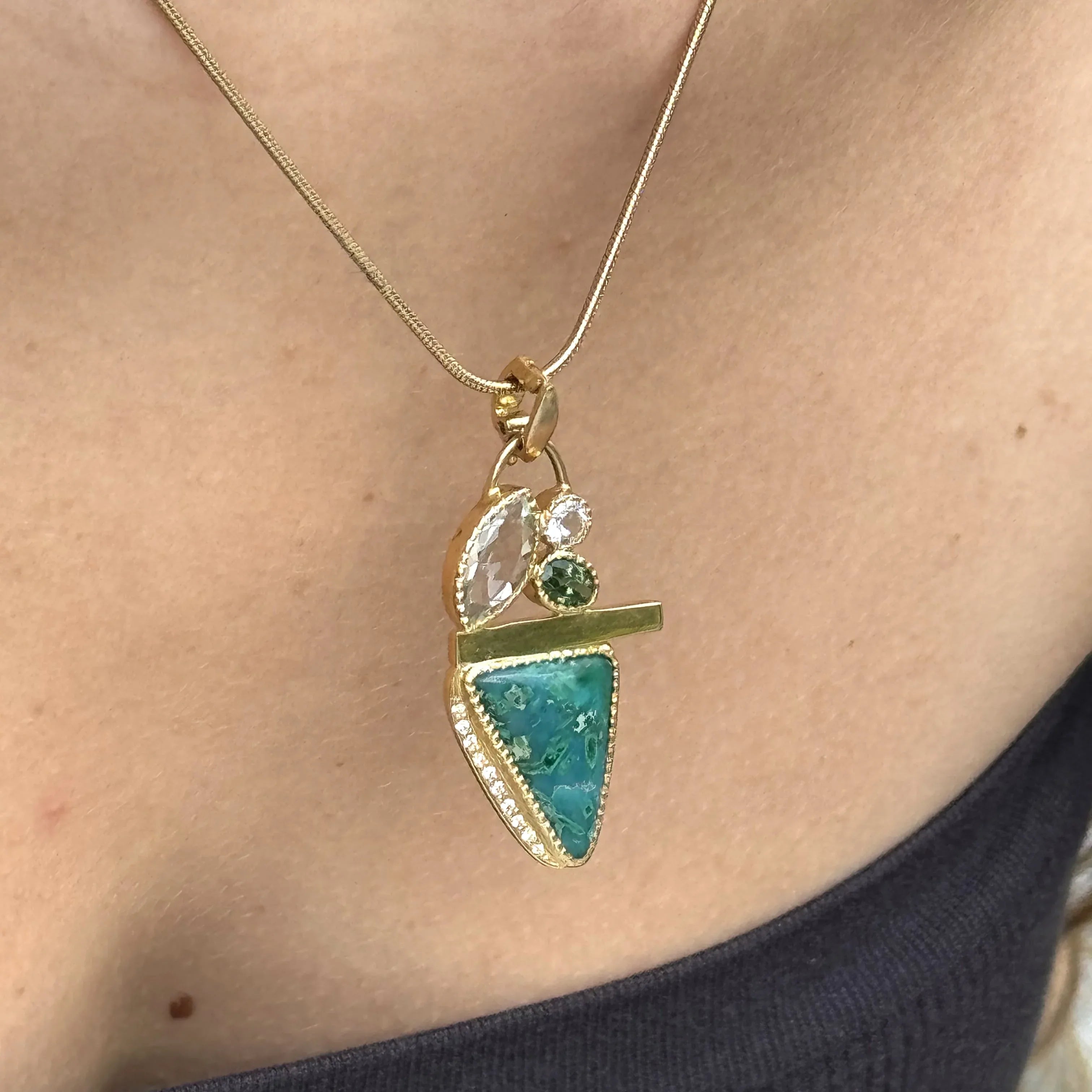 14k Gem Silica Pendant with Diamonds and Green Amethyst - Q Evon Fine Jewelry