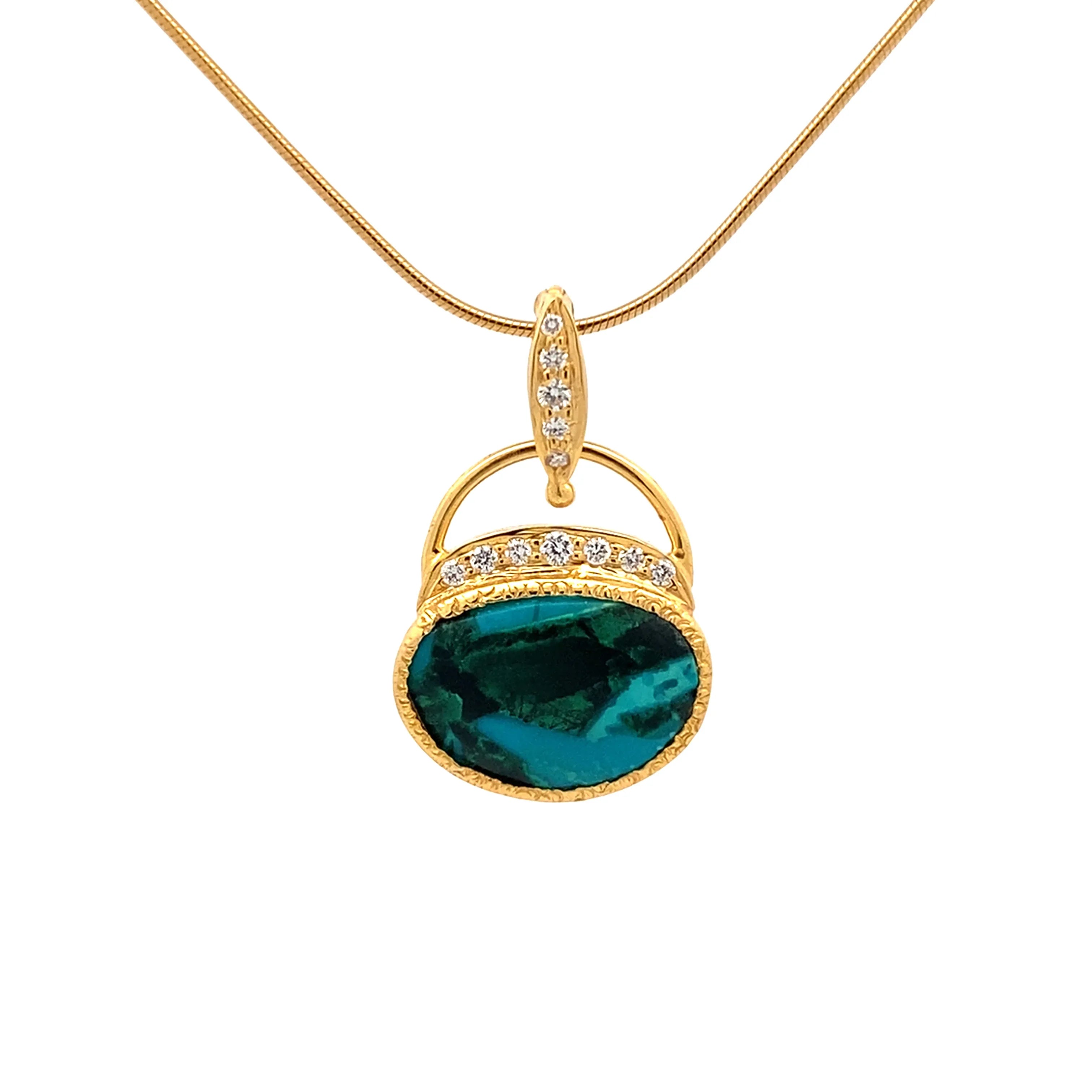 14k Gold Gem Silica Chrysocolla and Diamond Pendant - Q Evon Fine Jewelry