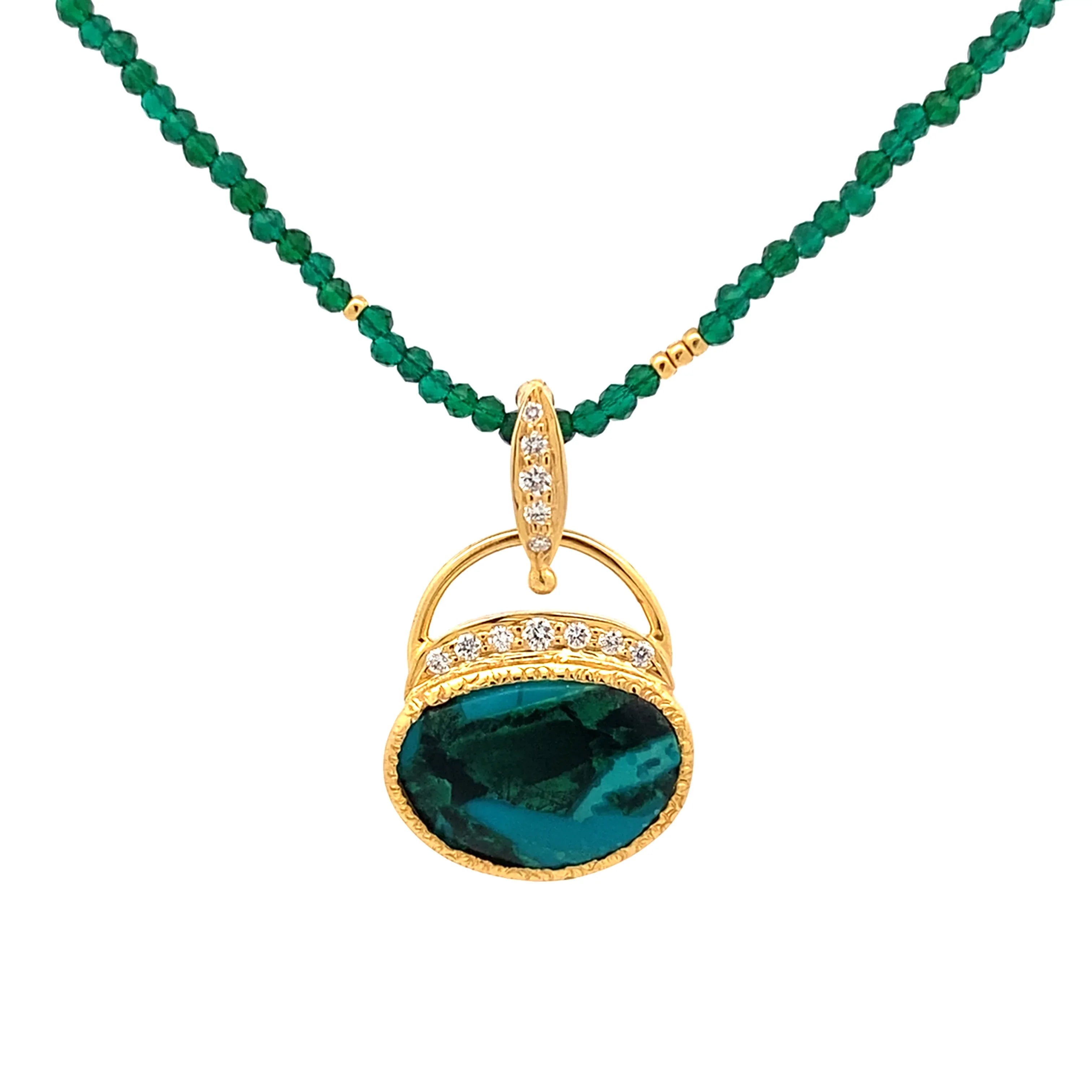 14k Gold Gem Silica Chrysocolla and Diamond Pendant - Q Evon Fine Jewelry