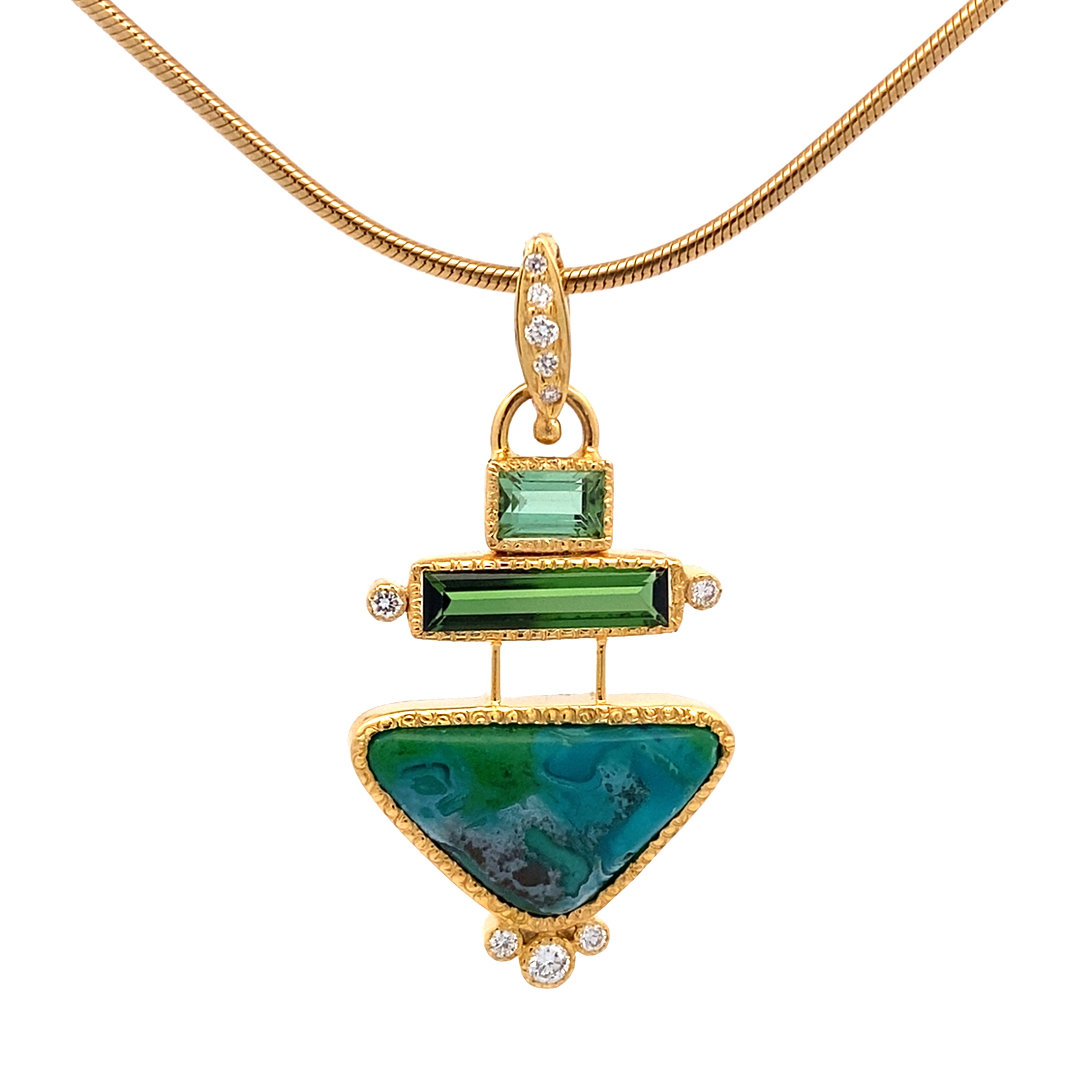 14k Gold Rare Inspiration Mine Gem Silica, Tourmaline and Diamond Pendant