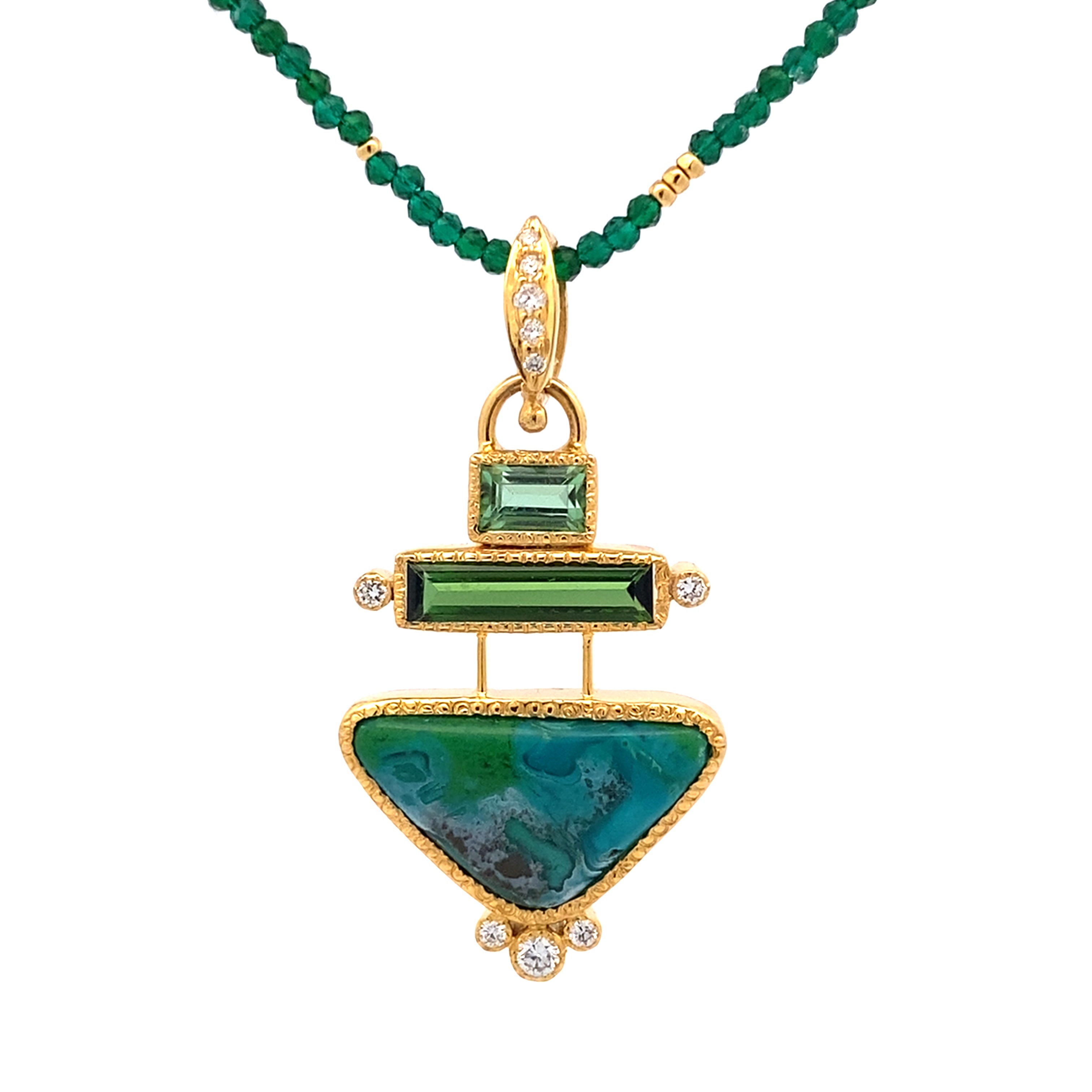 14k Gold Rare Inspiration Mine Gem Silica, Tourmaline and Diamond Pendant