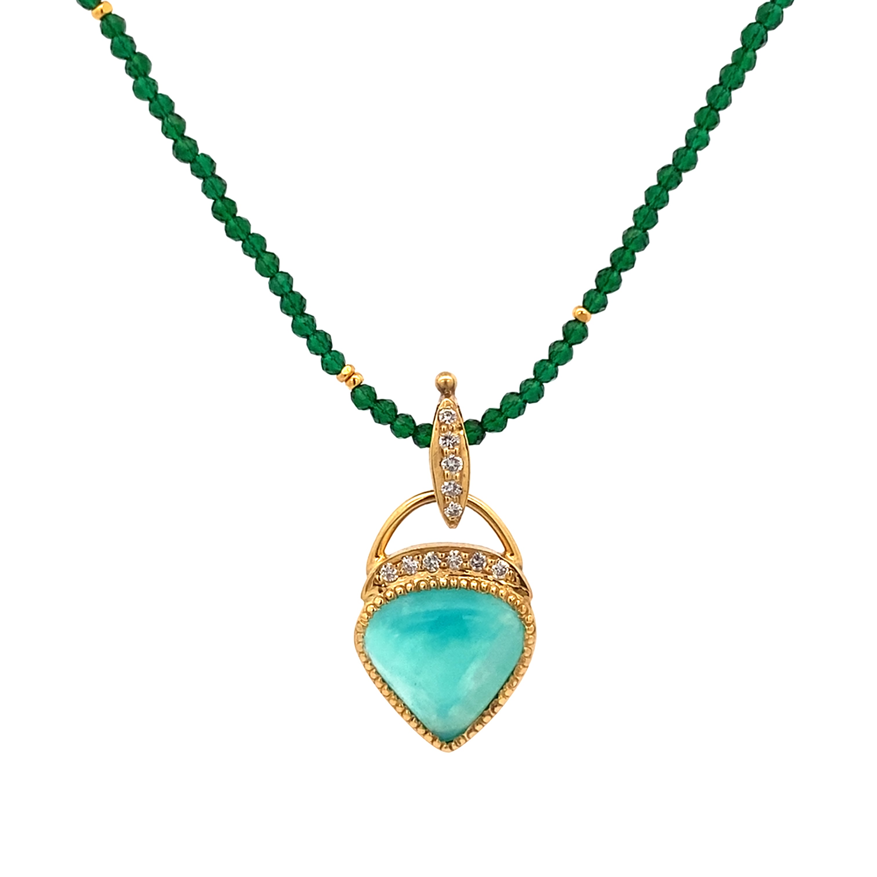 Necklace with a turquoise pendant and green bead chain on a white background