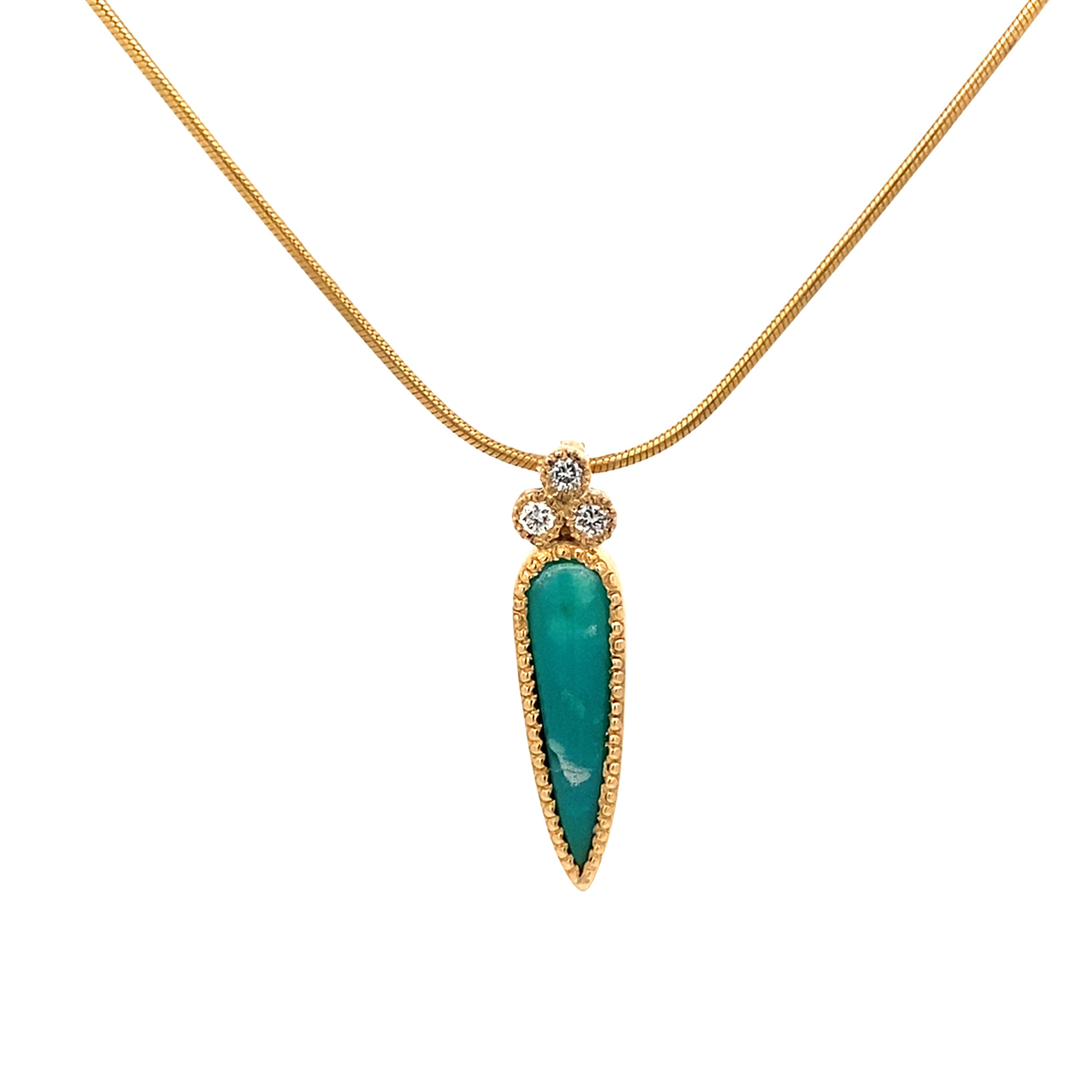 Gold necklace with a green pendant on a white background