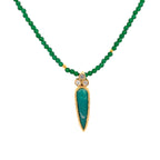 Green beaded necklace with a green stone pendant on a white background