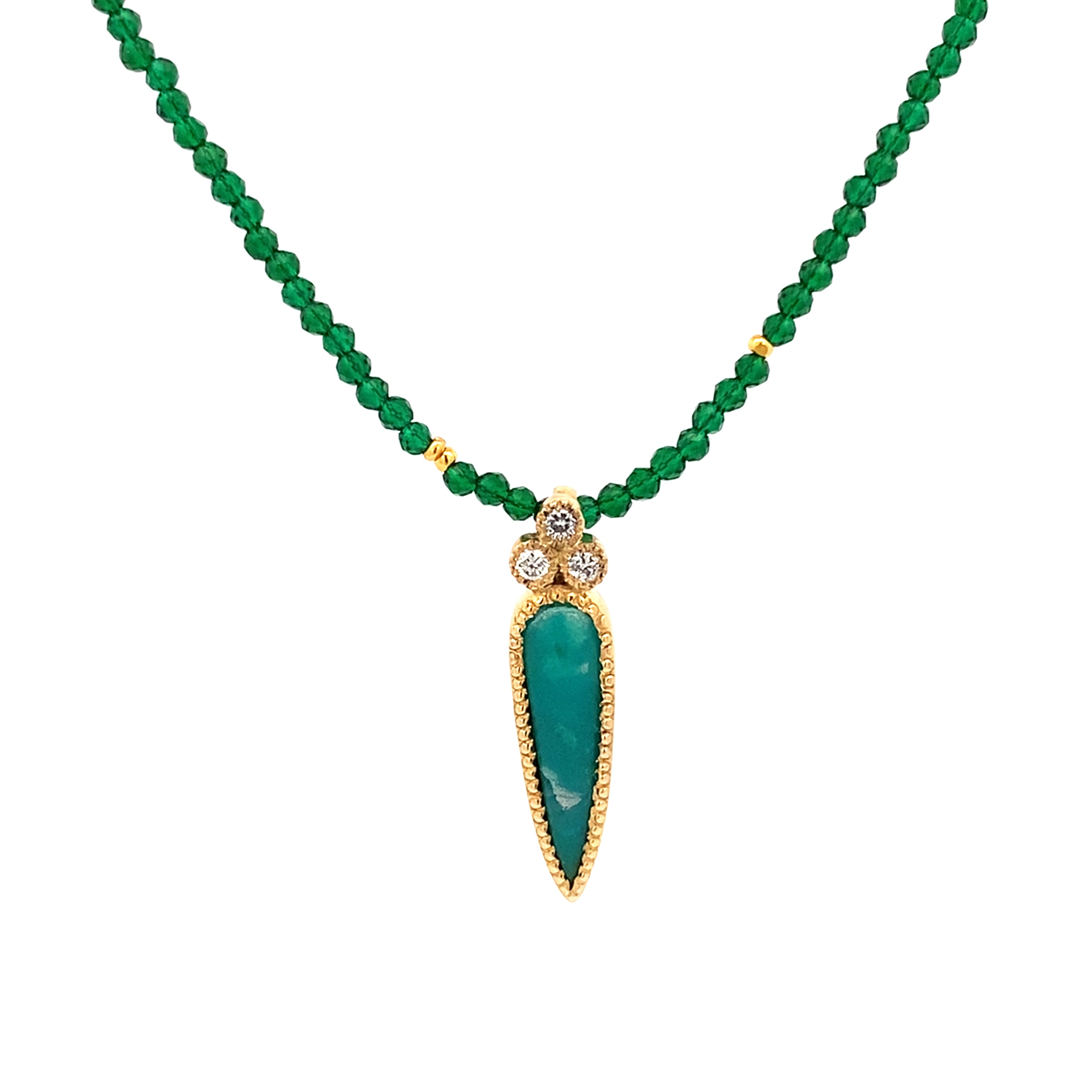 Green beaded necklace with a green stone pendant on a white background