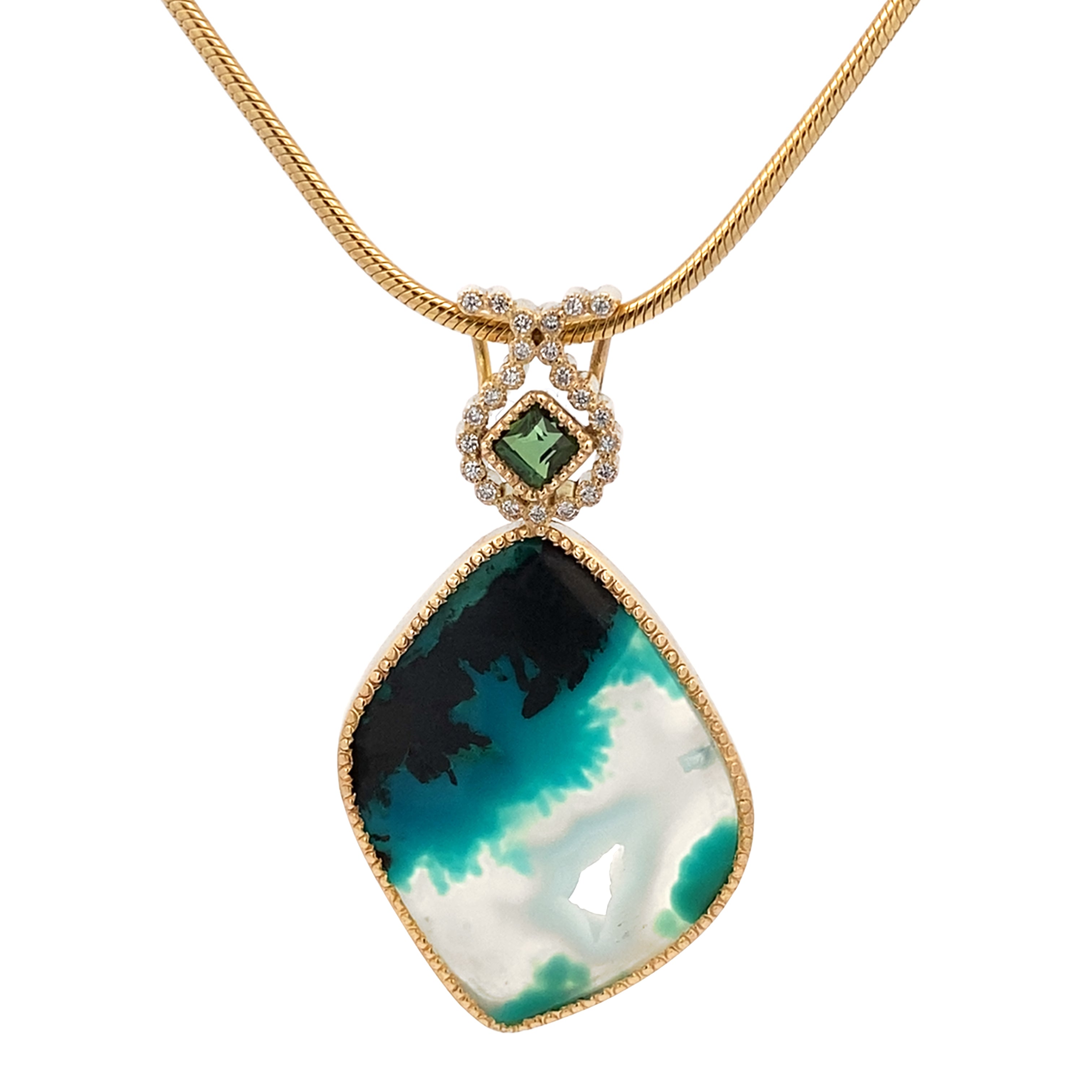 Necklace with a green and white pendant on a white background