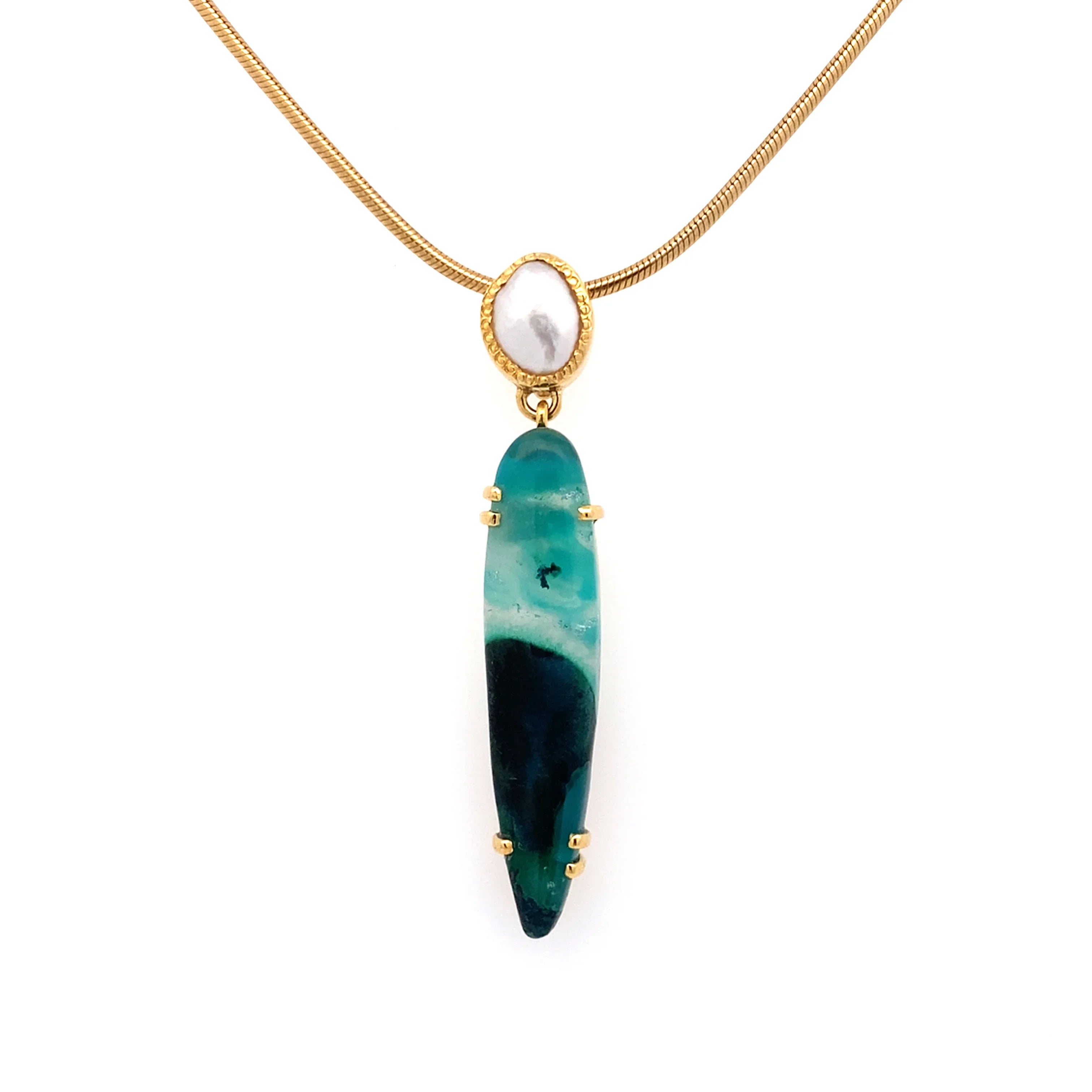 14k Gold South Sea Keshi Pearl and Gem Silica with Malachite Pendant - Q Evon Fine Jewelry