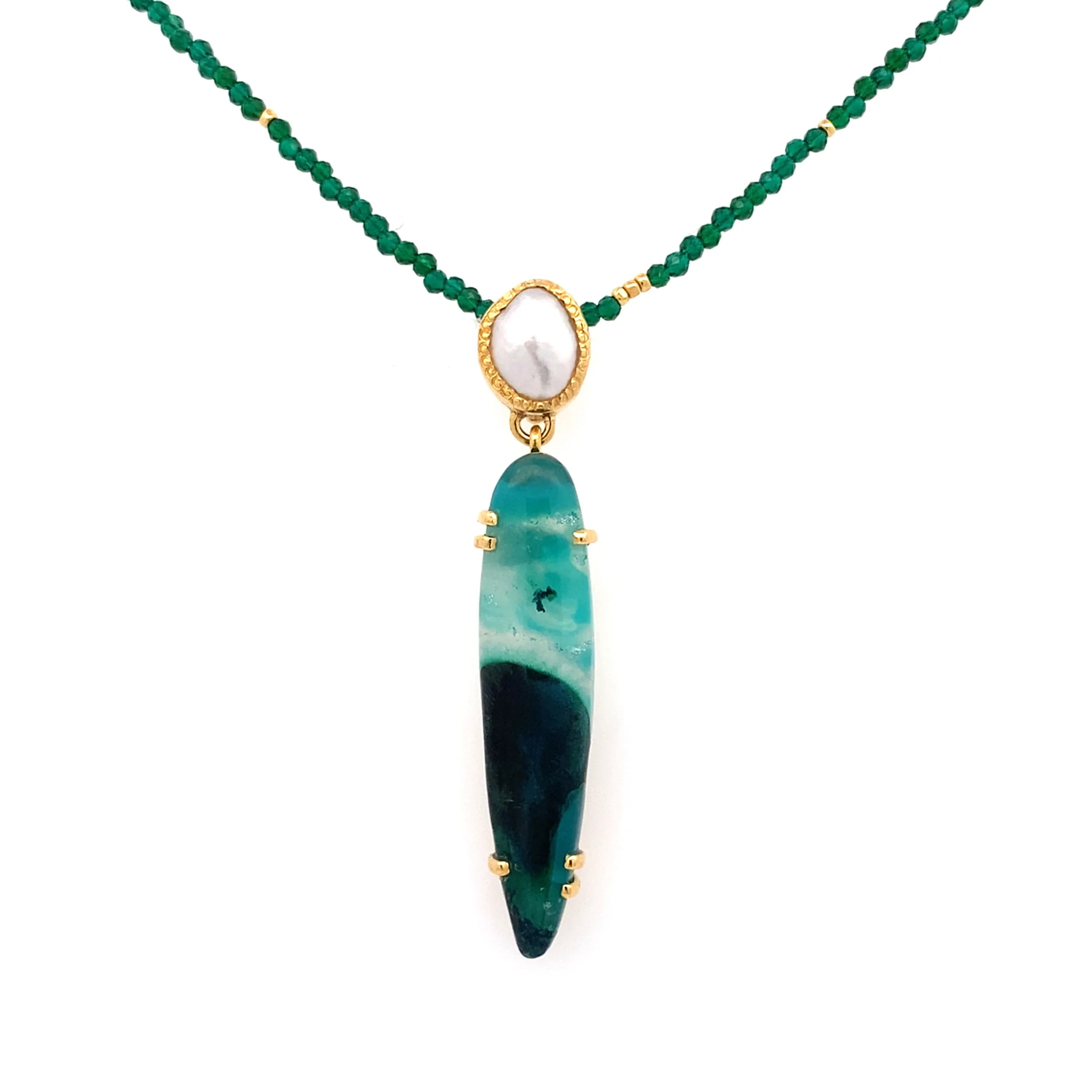 14k Gold South Sea Keshi Pearl and Gem Silica with Malachite Pendant - Q Evon Fine Jewelry