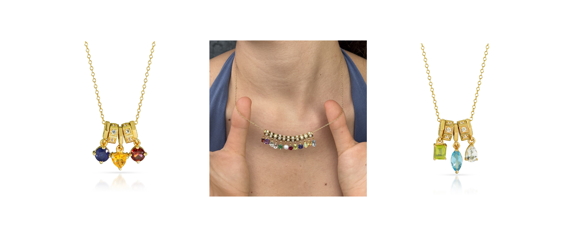Gold Origins charm necklaces showcasing a variety of birthstone gemstones
