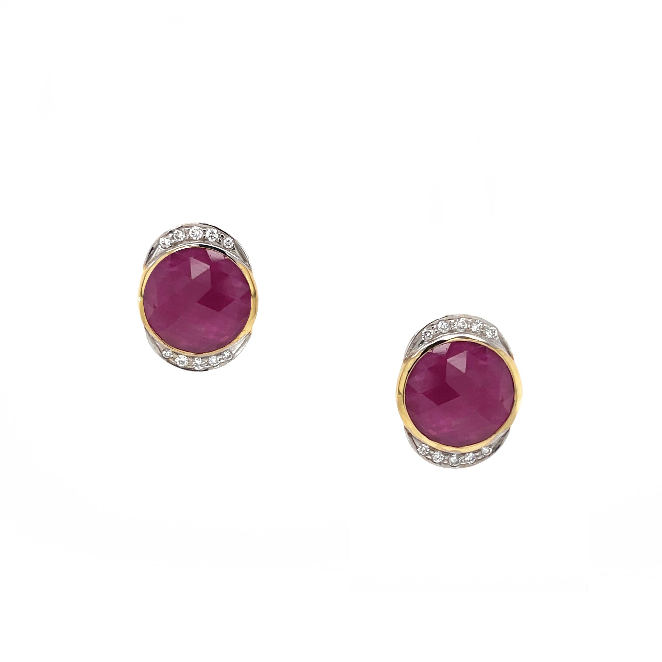 14k Gold Round Ruby Earrings with White Diamonds