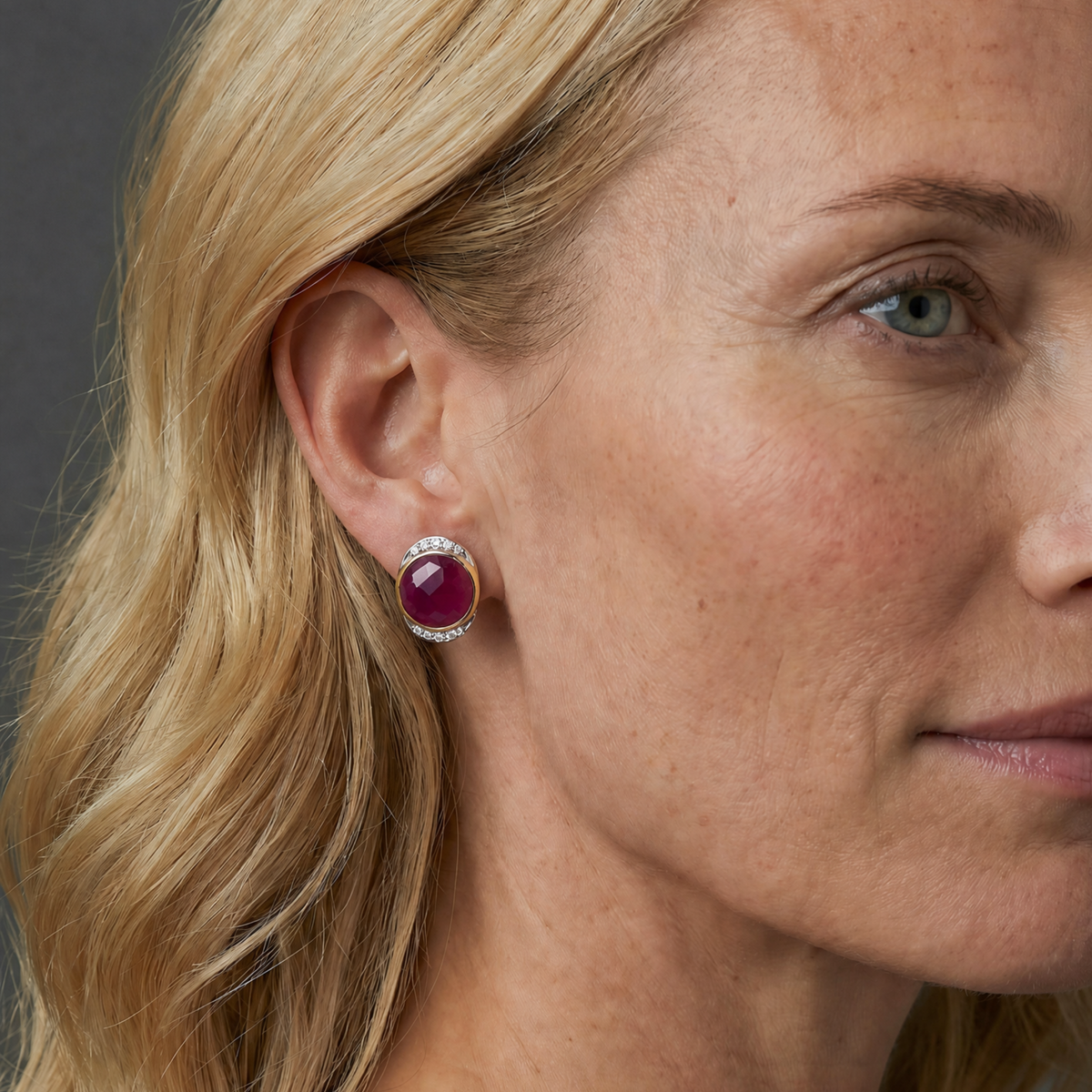14k Gold Round Ruby Earrings with White Diamonds