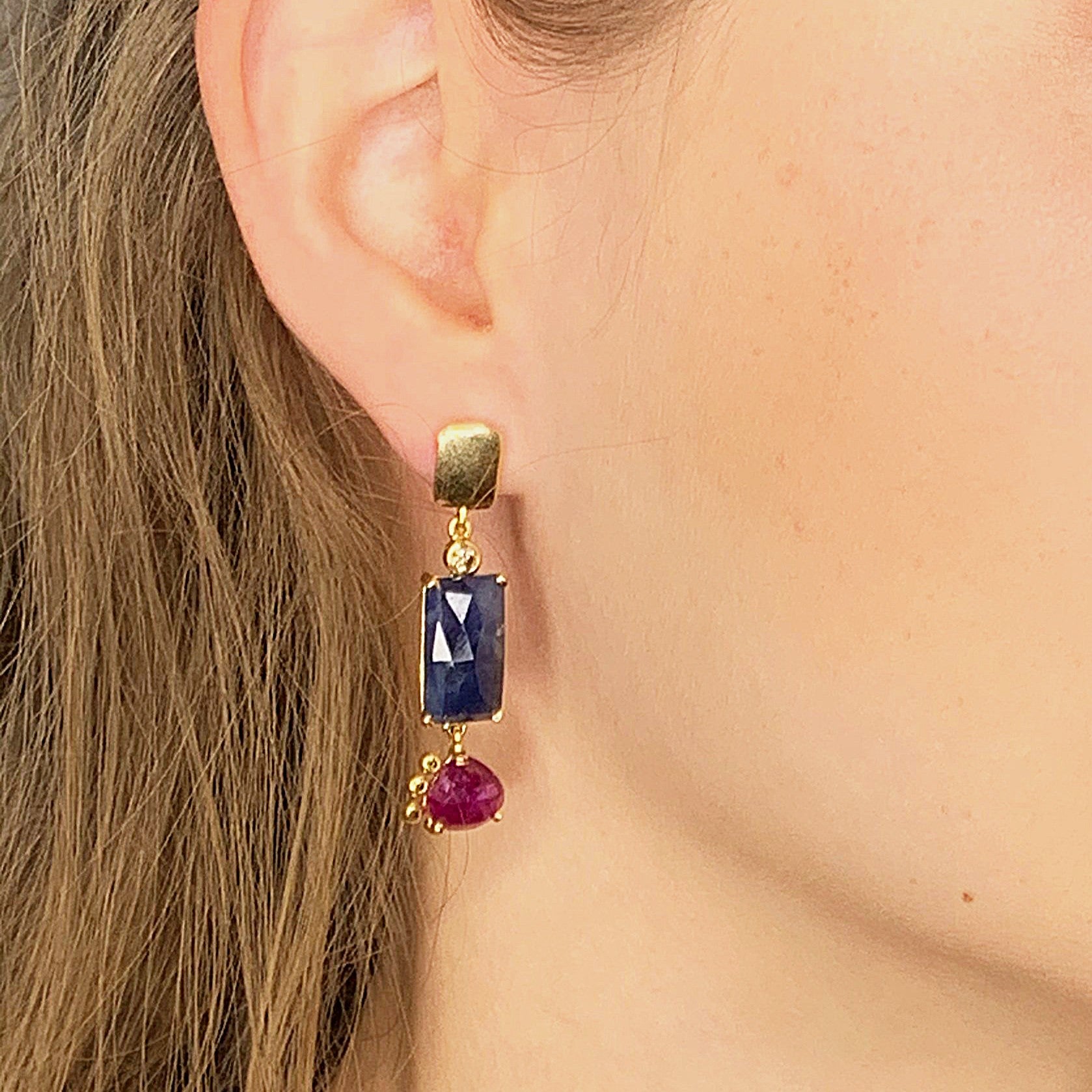 Rose Cut Blue Sapphire & Ruby Earrings, 14k Gold