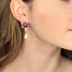 Ruby, Garnet, Diamond & Pearl Asymmetrical Earrings in 14k Gold