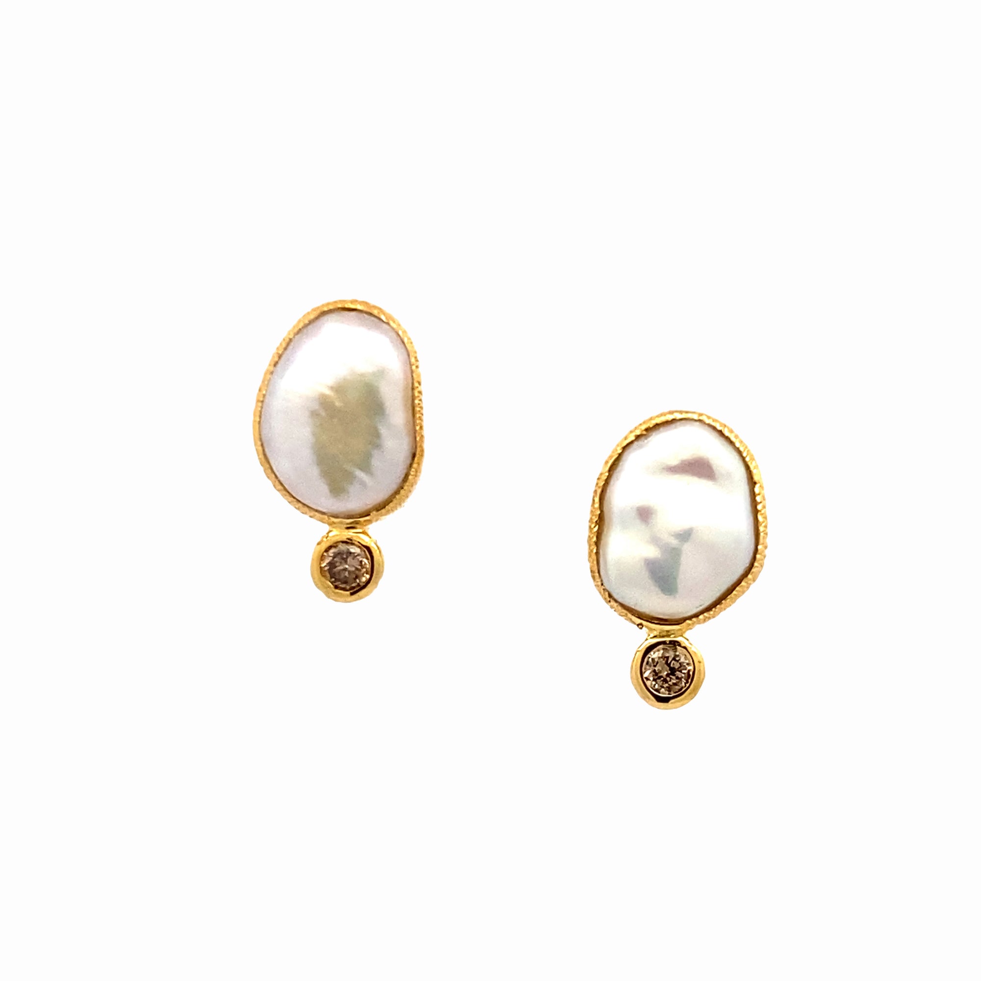 14k South Sea Keshi Pearl Earrings with Champagne Diamond
