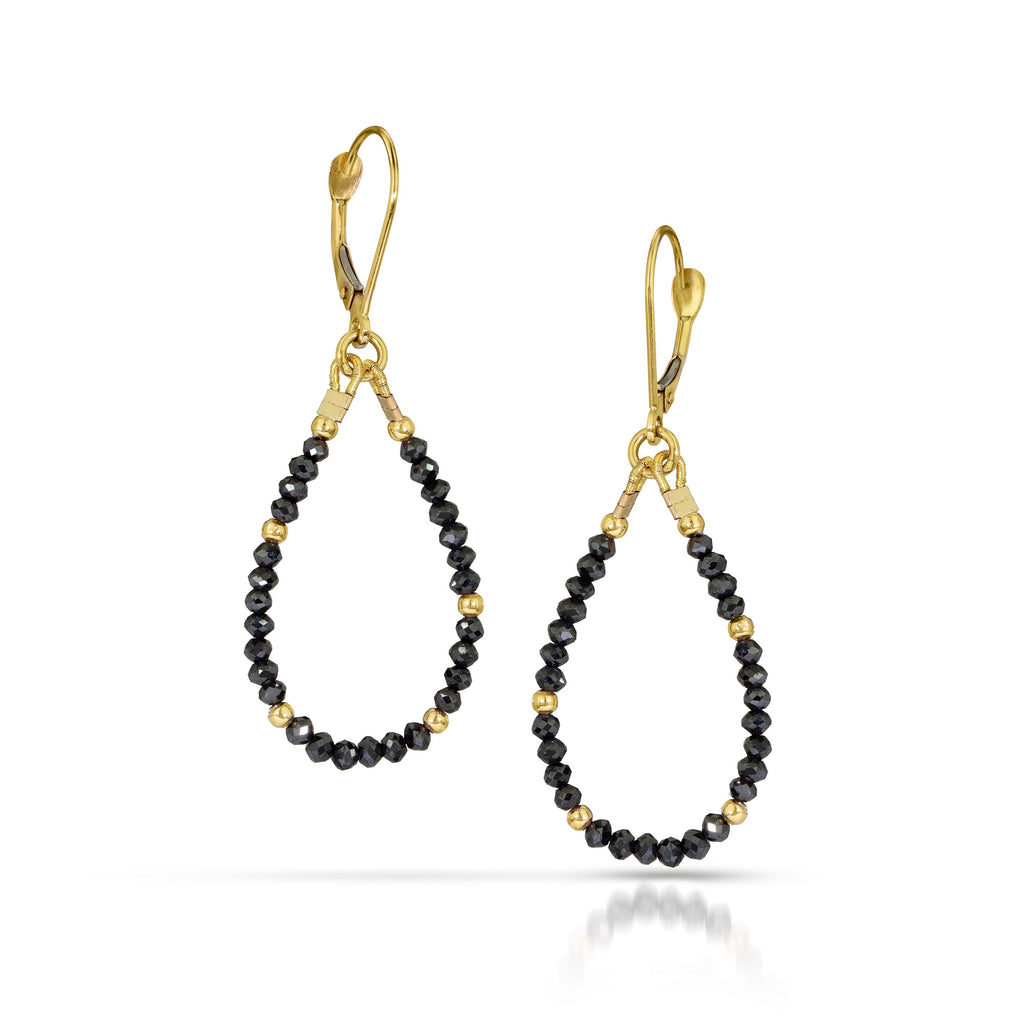 14k Gold Bead and Black Diamond Asymmetrical Earrings