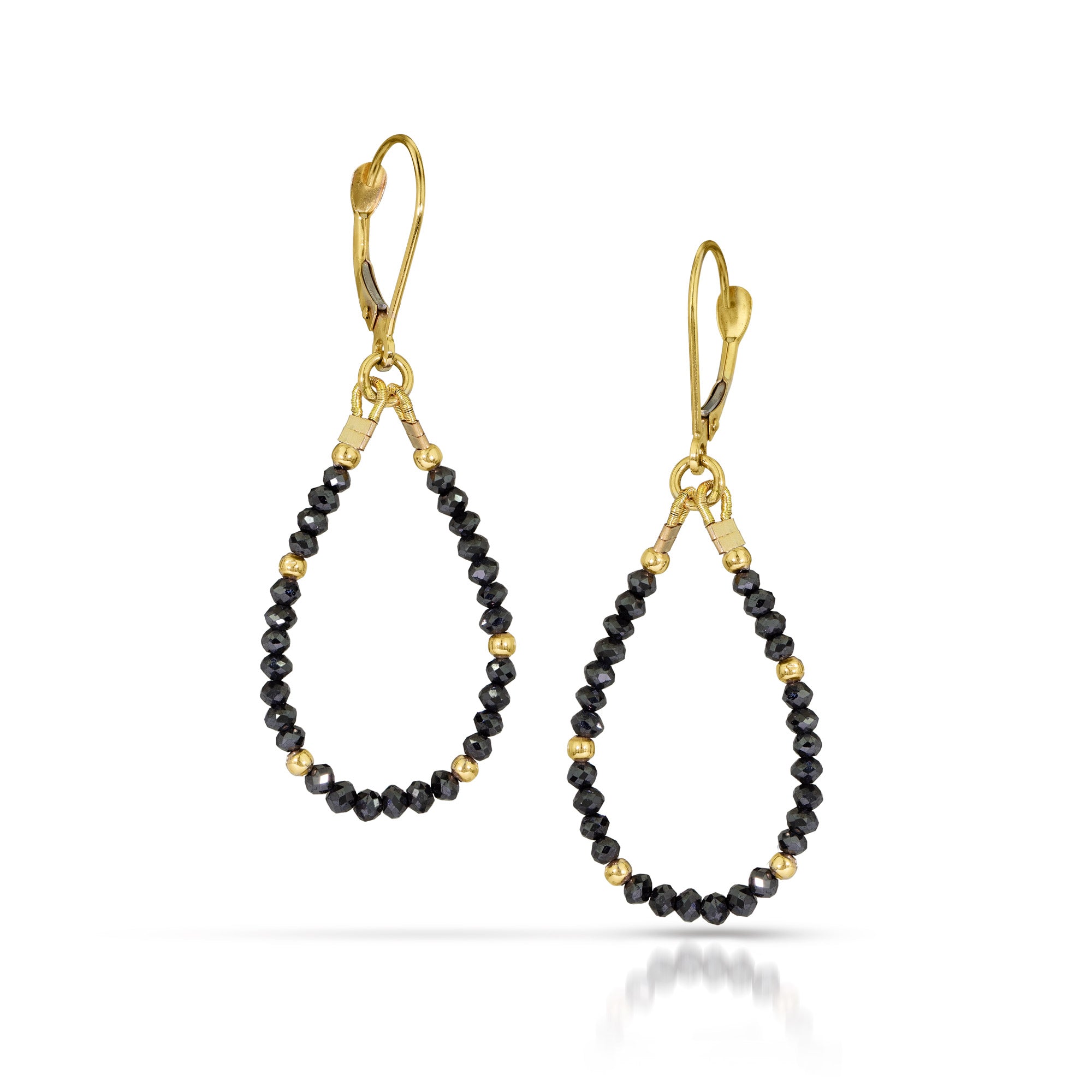 14k Gold Bead and Black Diamond Asymmetrical Earrings