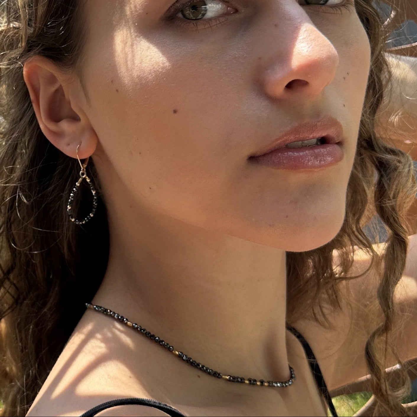 14k Black Diamond Beads Adjustable Necklace and Earrings on Model - Q Evon Fine Jewelry