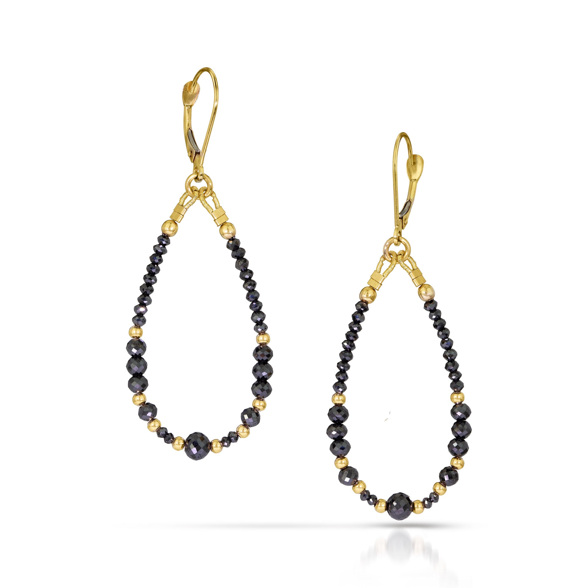 14k Gold Bead and Graduated Black Diamond Earrings