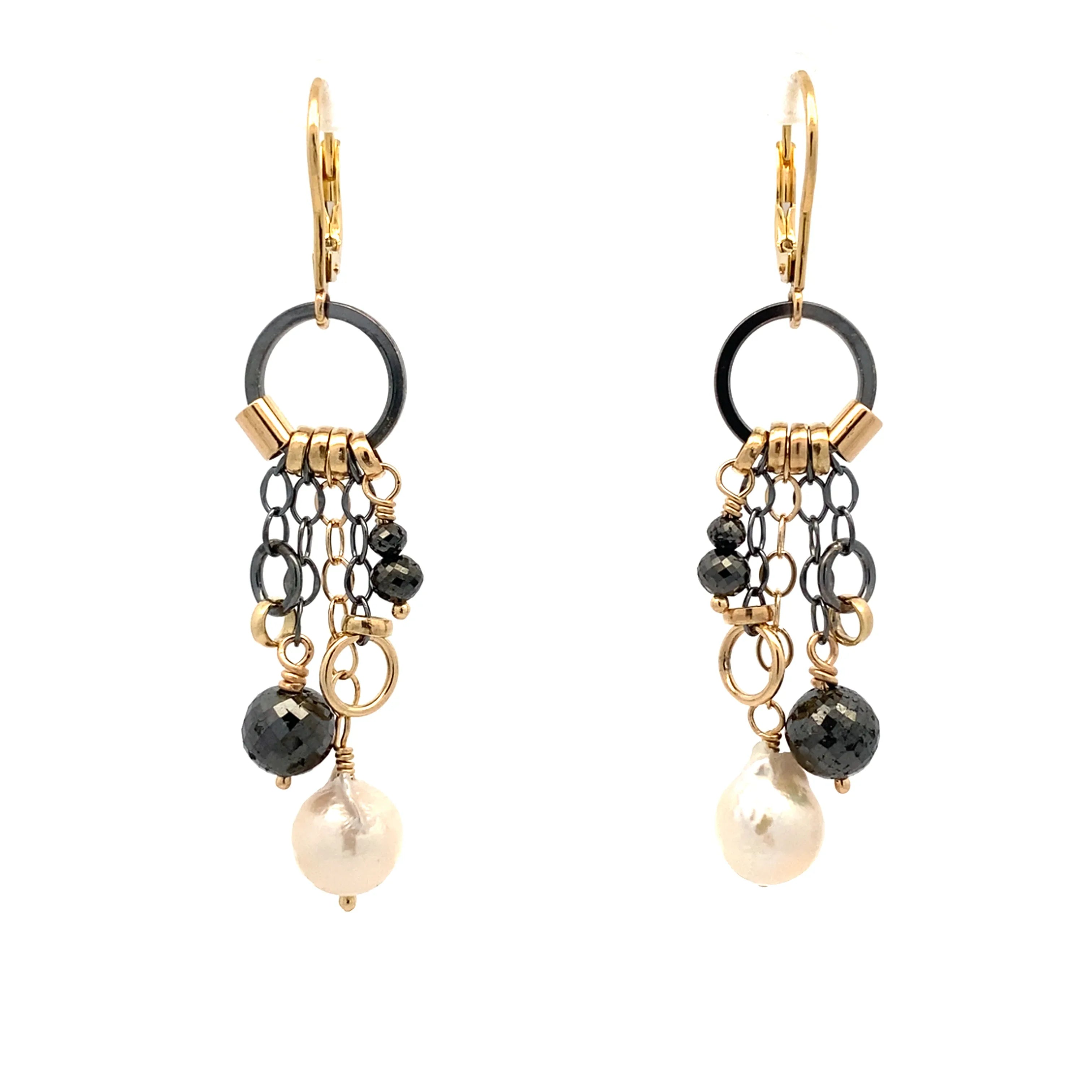 14k Black Diamond and Pearl Long Drop Earrings - Q Evon Fine Jewelry