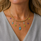 7 Stick Blue Topaz Necklace 14k gold with White Diamonds