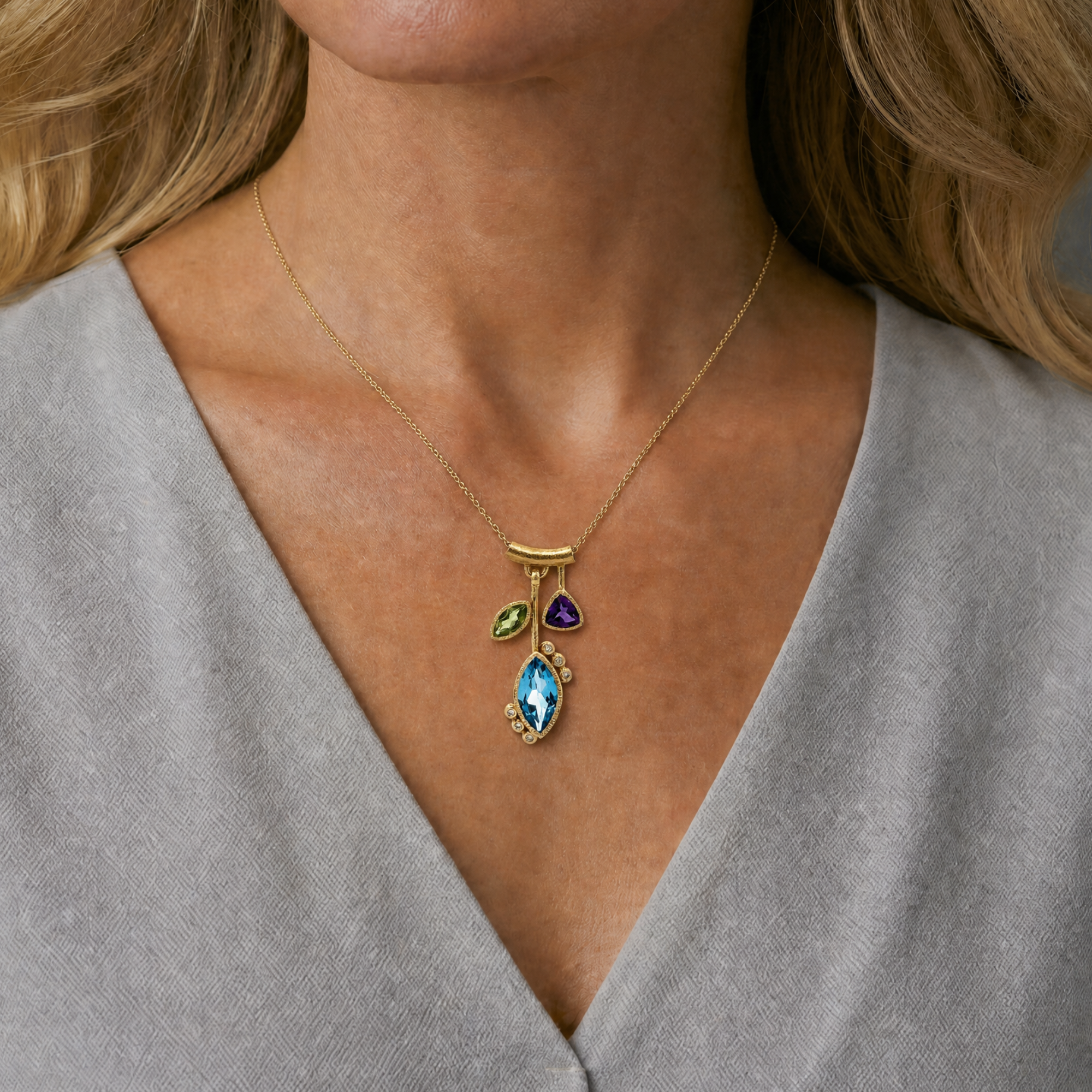 3 Stone Petal Pendant Blue Topaz - 14k Gold with White Diamond