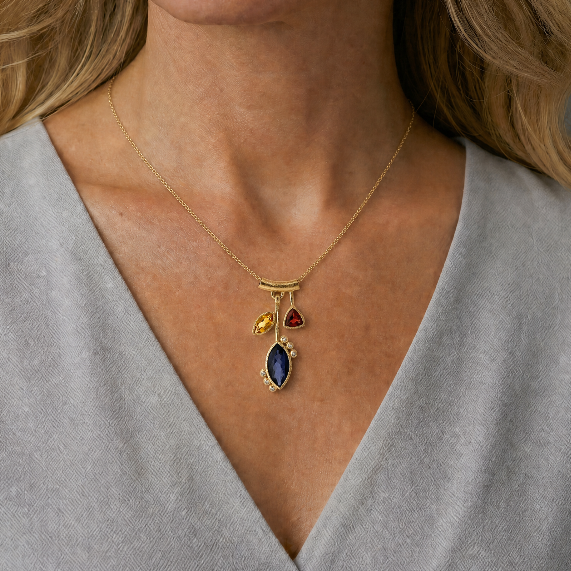 3 Stone Petal Pendant Iolite - 14k Gold with White Diamond