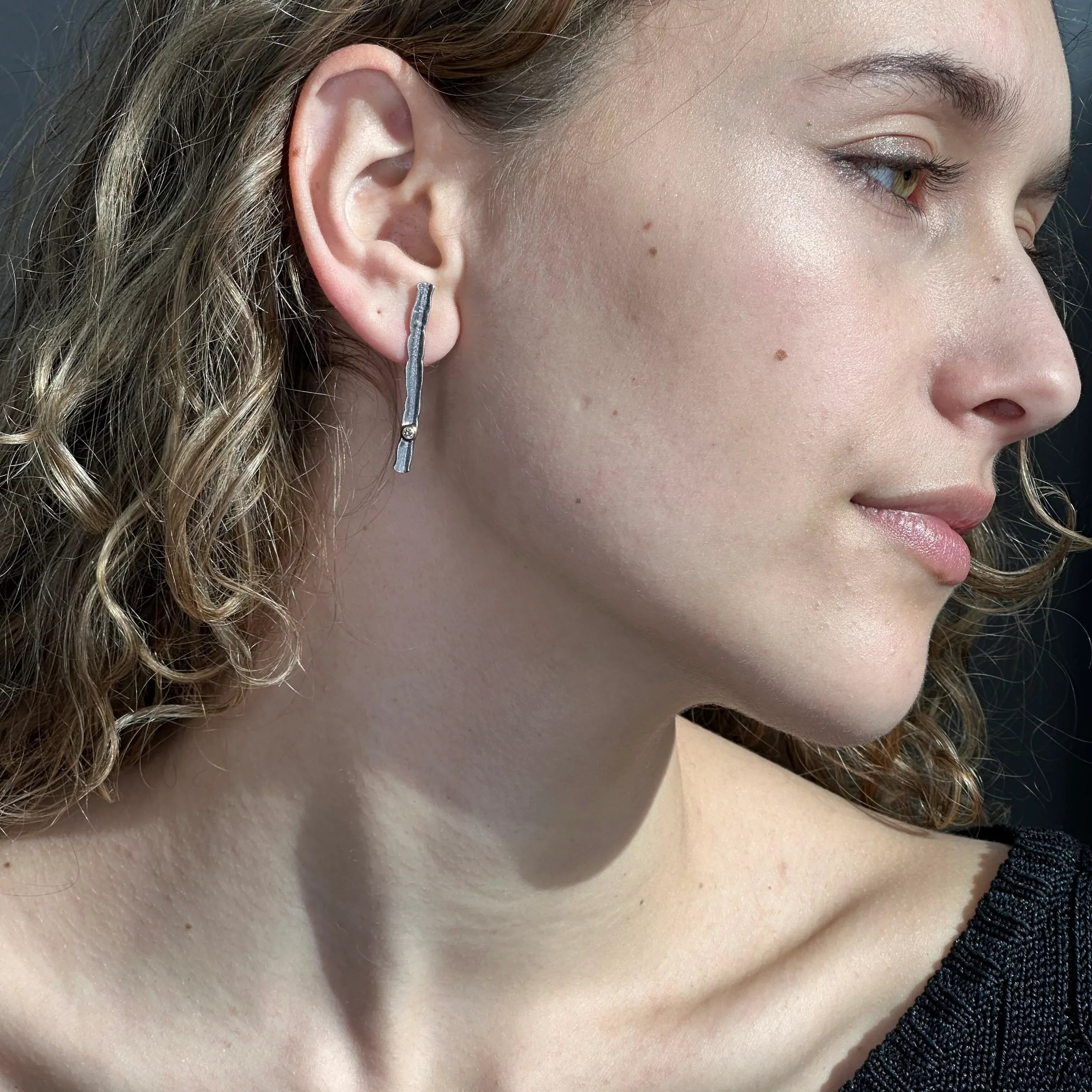 Silver and 14k Gold Edge Earrings with Champagne Diamond - Q Evon Fine Jewelry