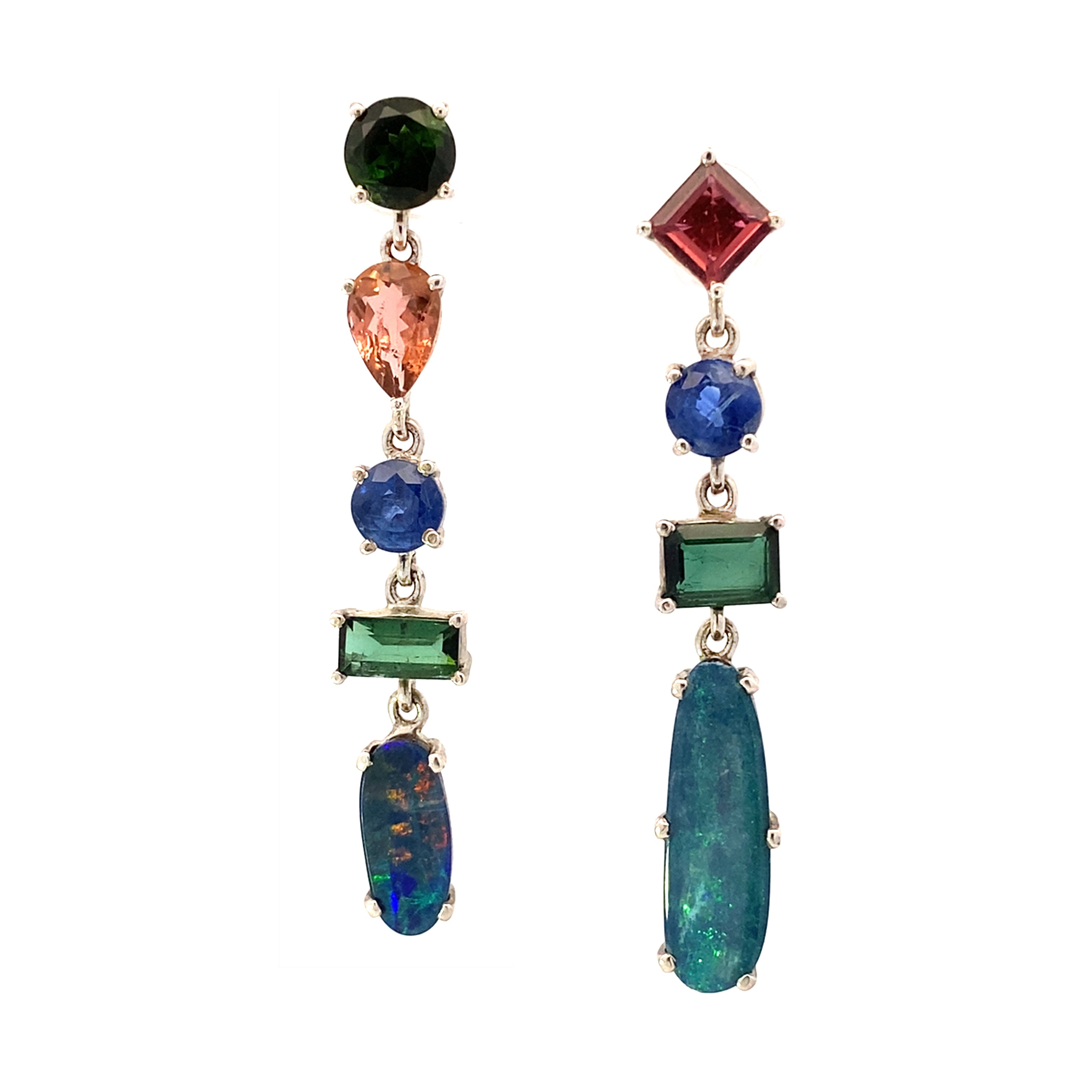 Mixed Sapphire, Tourmaline, Kyanite and Opal Silver Post Earrings