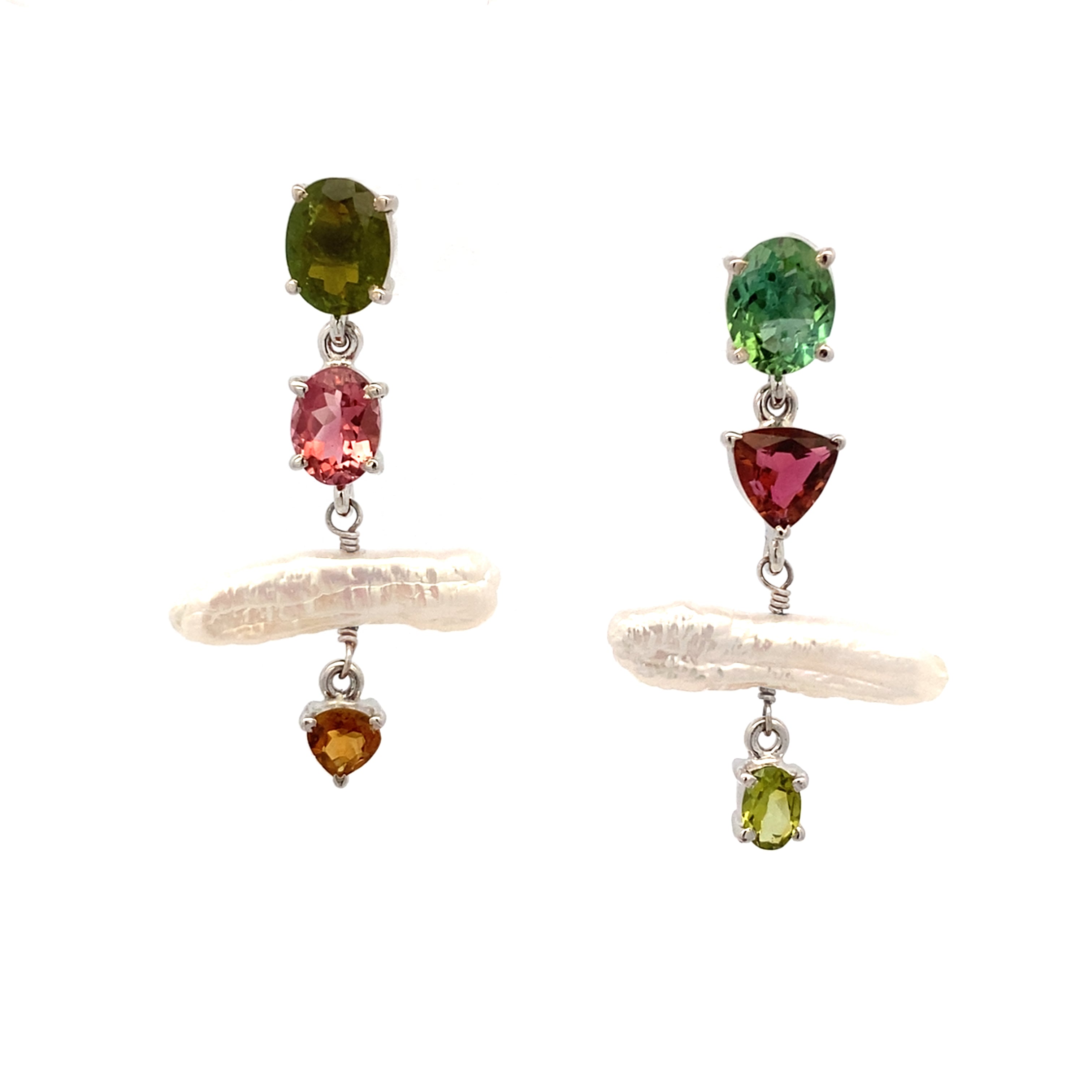 Asymmetrical Mixed Tourmaline and Stick Pearl Earrings - Silver