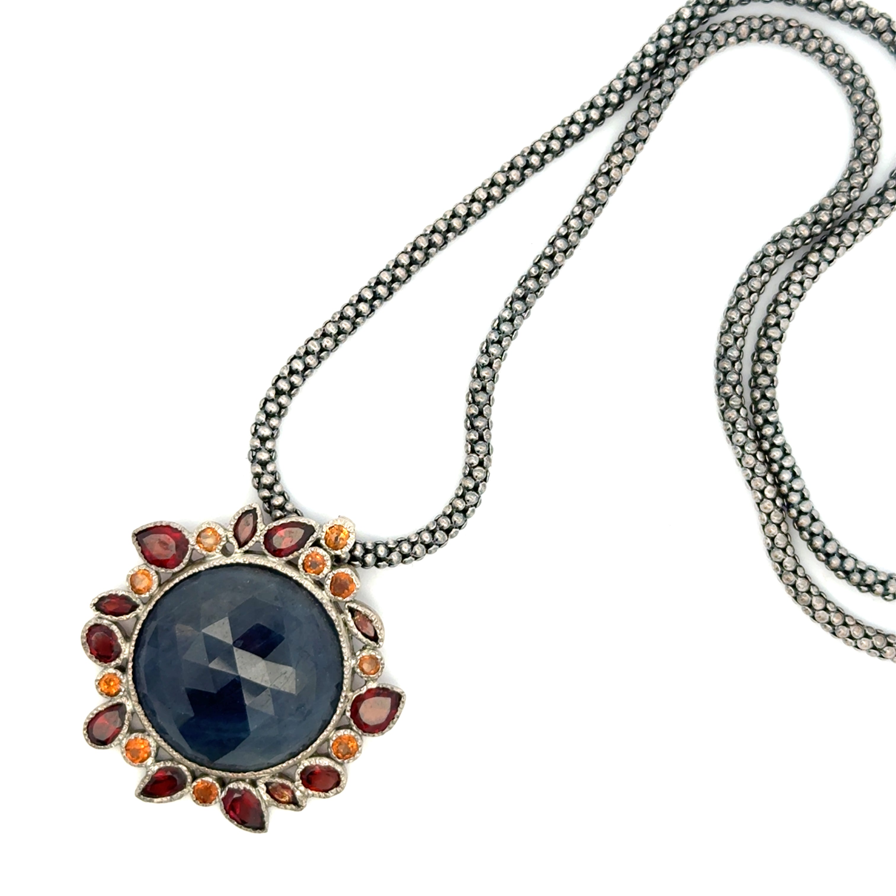 Circle of Fire - Silver Round Blue Sapphire Pendant