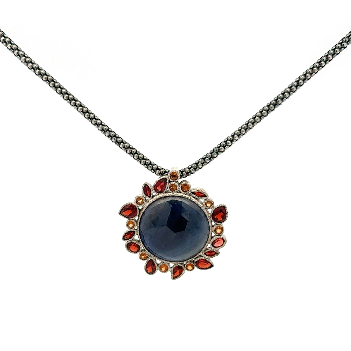 Circle of Fire - Silver Round Blue Sapphire Pendant