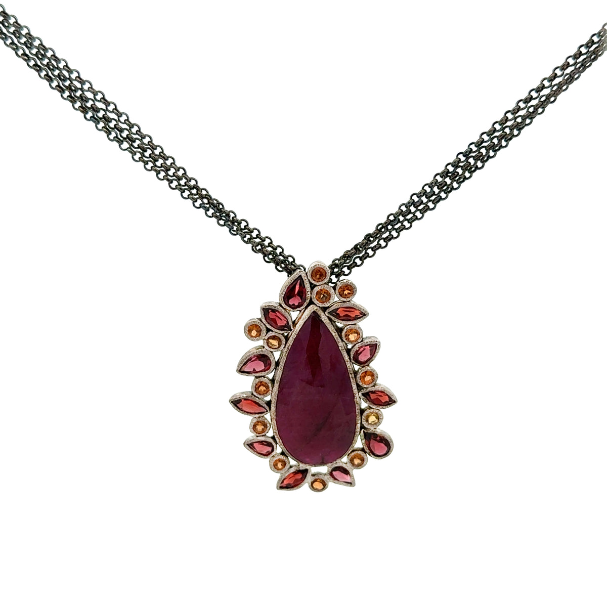 Circle of Fire - Silver Red Sapphire Pendant on Triple Chain